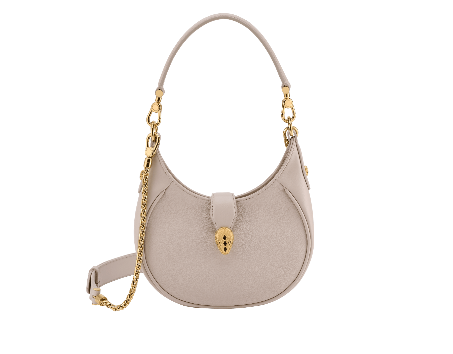 Serpenti Ellipse small crossbody bag in Urban grain and smooth ivory opal calf leather with flamingo quartz pink gros grain lining. Captivating snakehead closure in gold-plated brass embellished with black onyx scales and red enamel eyes. 1204-UCL image 1