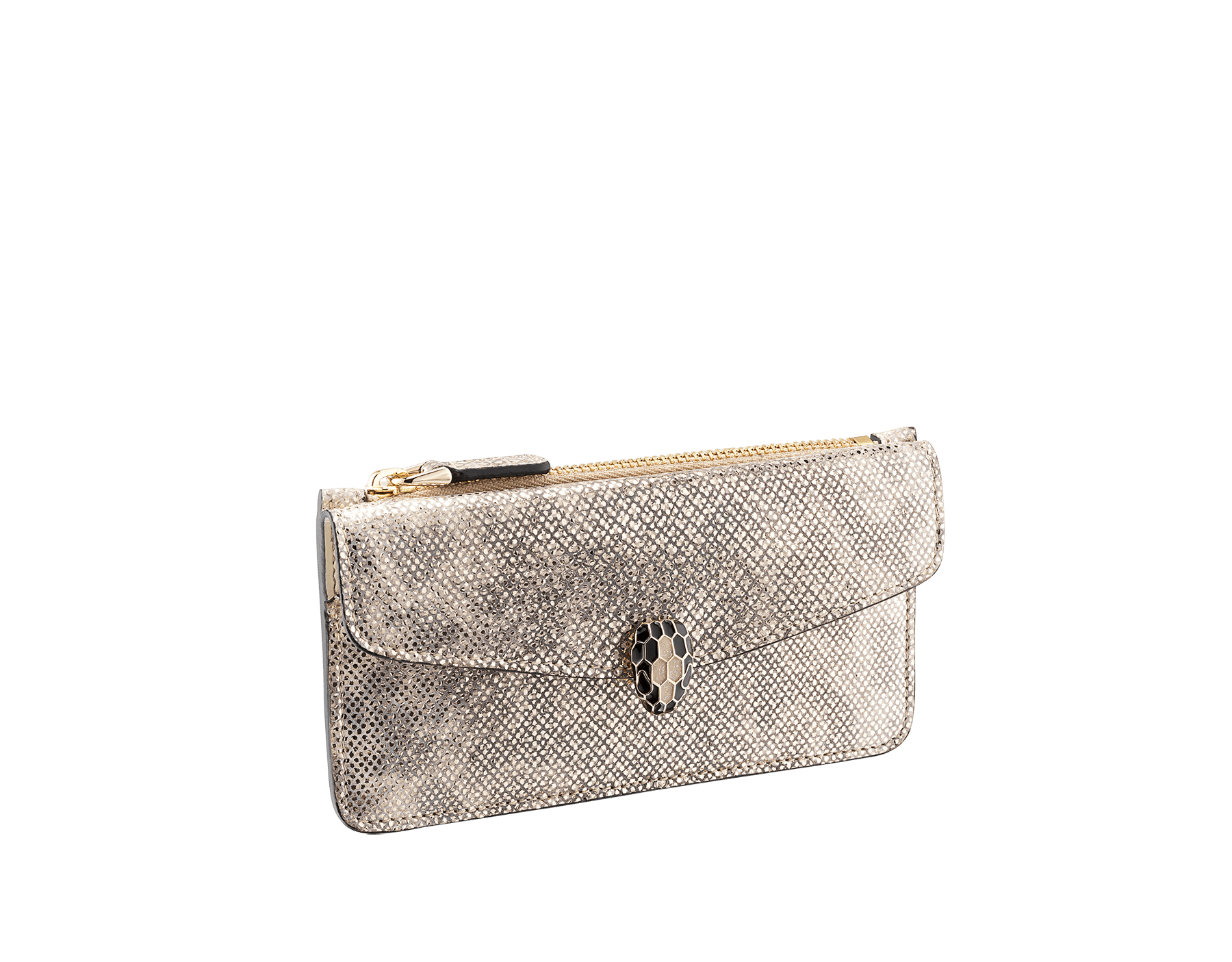 "Serpenti Forever" card holder in Milky Opal beige metallic karung skin and Milky Opal beige calf leather. Light gold-plated brass iconic snakehead stud closure enamelled in black and glittery Milky Opal beige, with black enamel eyes. SEA-CC-HOLDER-ZIP-MK image 1