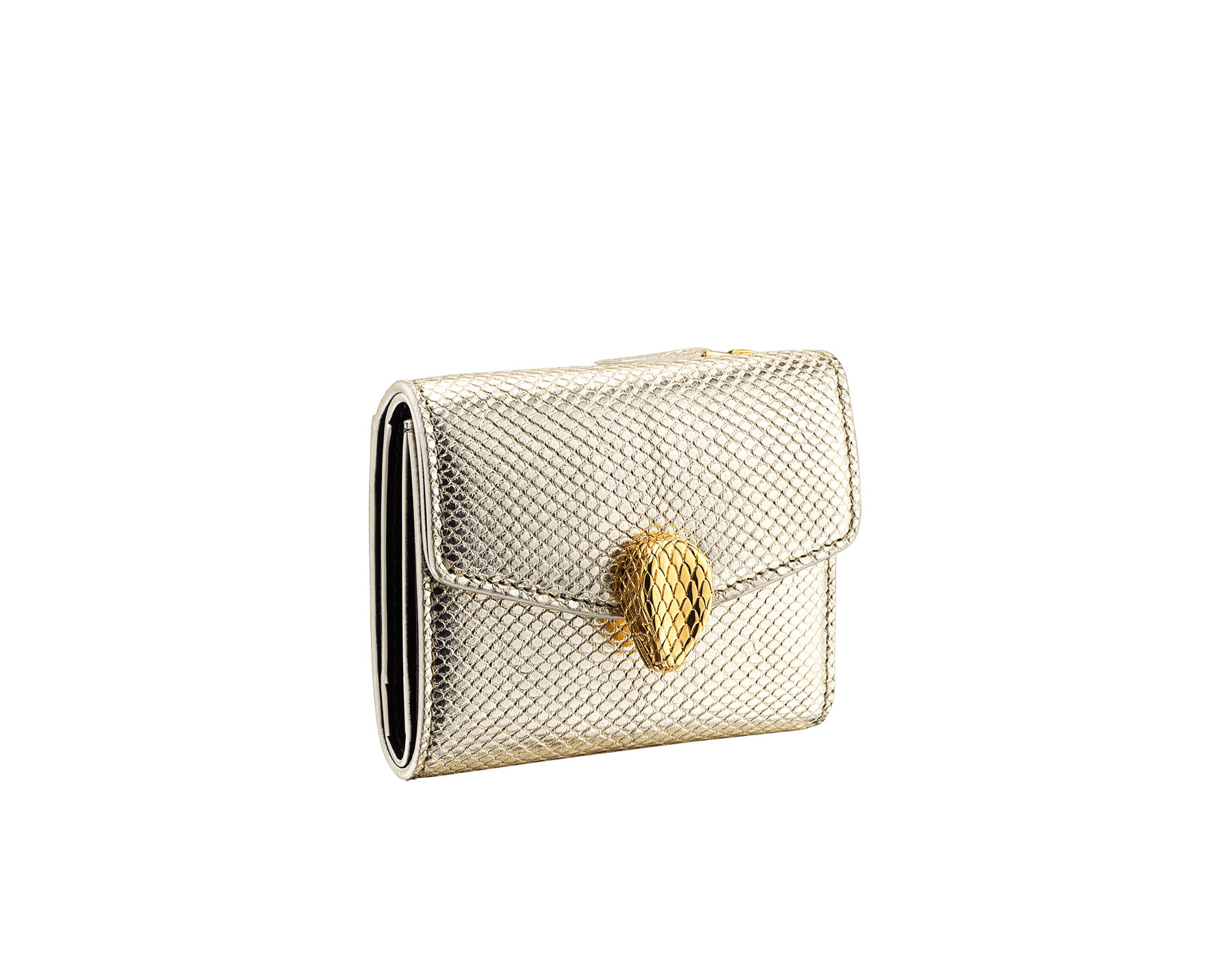 Slender, compact "Serpenti Forever" wallet in "Molten" gold karung skin and black calfskin, offering a touch of radiance for the Winter Holidays. New Serpenti head closure in gold-plated brass, complete with ruby-red enamel eyes. SEA-SLIMCOMPACT-MoltK image 1