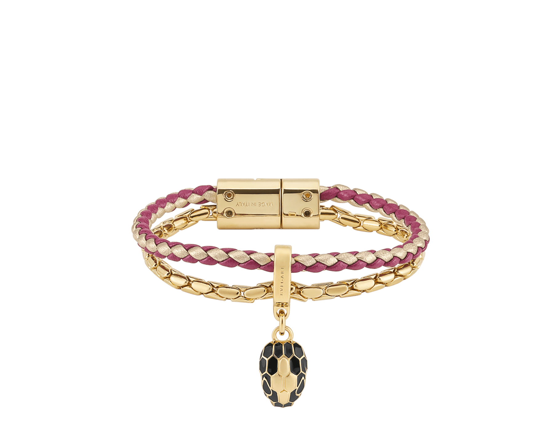 Serpenti Forever 手環，採用洋紅色與淡金色編穗小牛皮，金色黃銅鍊帶，磁扣開合。迷人的蛇頭吊飾飾以黑色琺瑯與金色黃銅蛇鱗，蛇眼飾以黑色琺瑯。 SERP-BRAIDCHAIN-magenta image 1