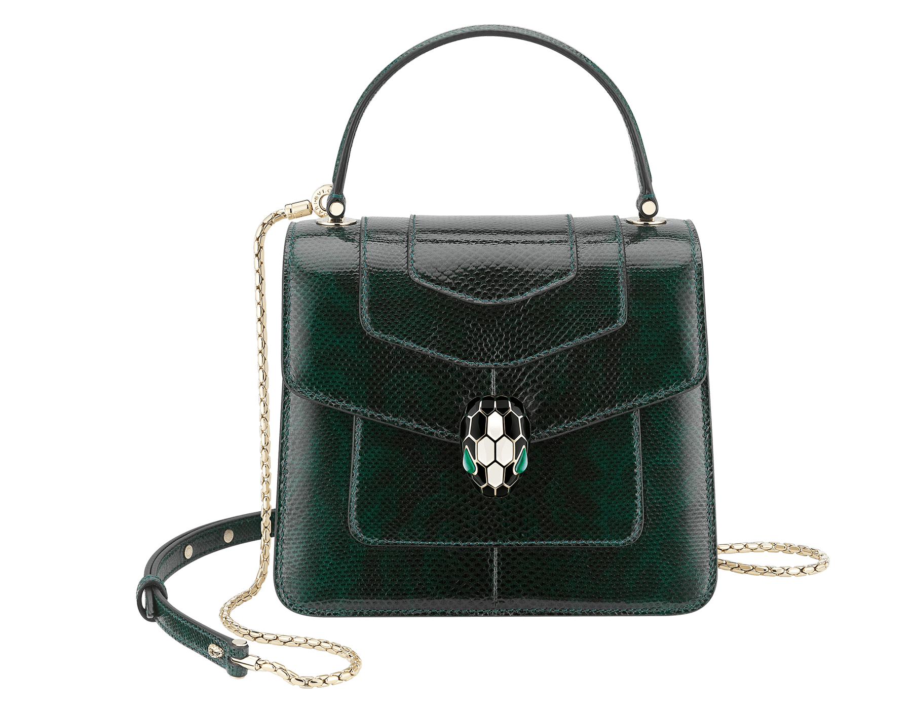 “Serpenti Forever ” top handle bag in Forest Emerald green shiny karung skin with Zircon bay blue gros grain internal lining. Iconic snakehead closure in light gold plated brass enriched with black and white agate enamel and green malachite eyes 1122-SK image 1