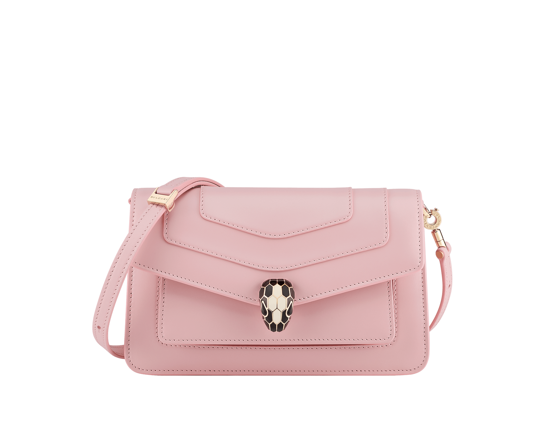 Serpenti Forever East-West small shoulder bag in primrose quartz pink calf leather with heather amethyst pink grosgrain lining. Captivating snakehead magnetic closure in light gold-plated brass embellished with black and white agate enamel scales and black onyx eyes. 1237-Cla image 1