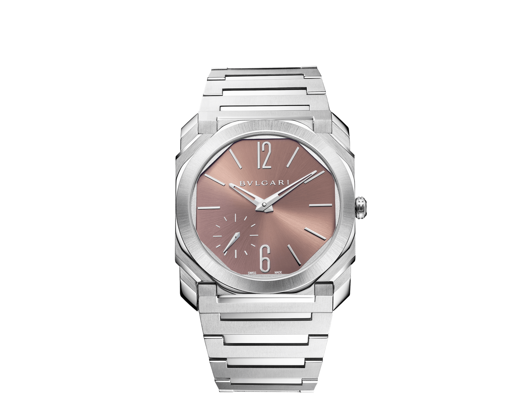 Octo Finissimo Automatic watch in satin-polished stainless steel with mechanical manufacture ultra-thin movement (2.23 mm thick), automatic winding and sun-brushed metallic salmon dial with rhodium applied stickers. Water resistant up to 100 meters. 103856 image 1