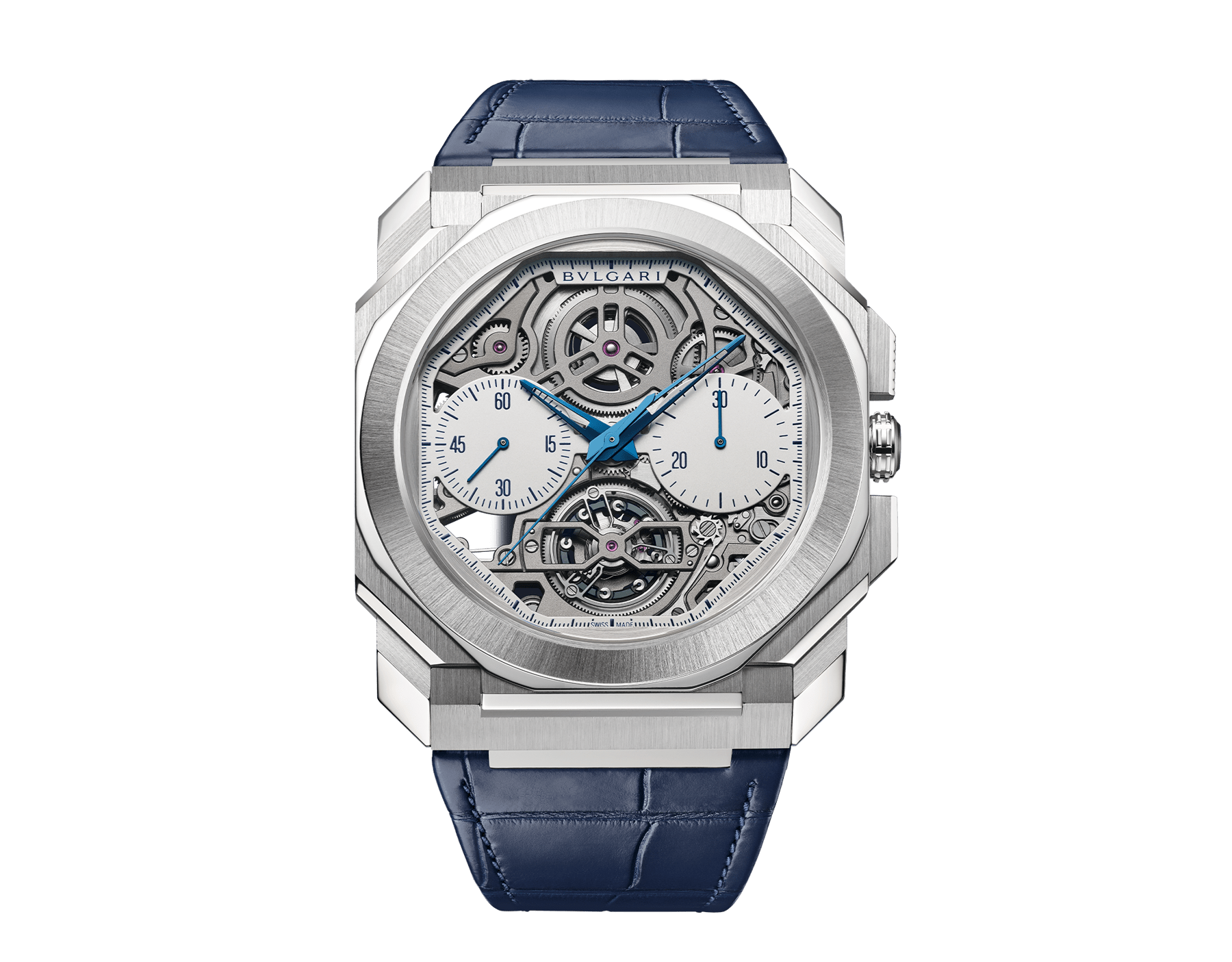Octo Finissimo Tourbillon Skeleton Chronograph watch with mechanical manufacture ultra-thin movement (3.50 mm thick), automatic winding, single-push chronograph and tourbillon, 43 mm platinum case, openwork dial with gray chronograph counters and blue alligator bracelet. Water-resistant up to 30 meters. Limited edition of 30 pieces. 103510 image 1