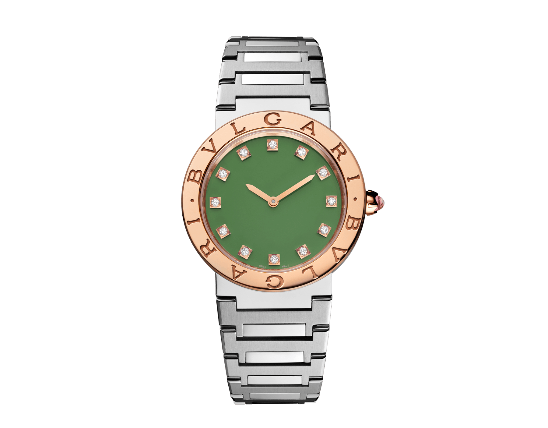 Bvlgari Bvlgari 腕錶，精鋼材質，18K 玫瑰金錶圈鐫刻雙品牌標誌，綠色漆面錶盤，12 個鑽石時標。防水深度 30 公尺。七夕情人節特別版腕錶。 103915 image 1