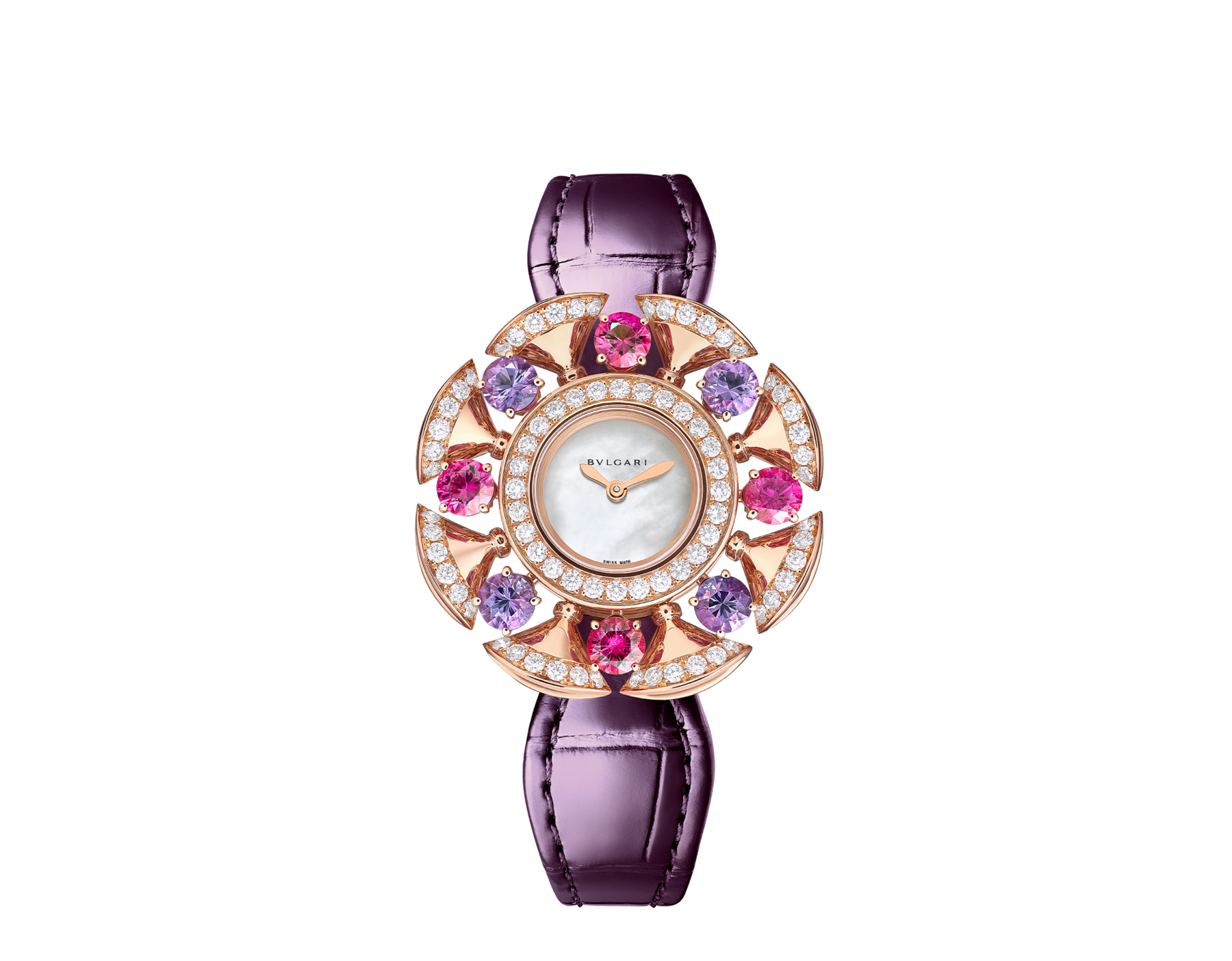 Orologio Divas' Dream con cassa in oro rosa 18 kt con diamanti tondi taglio brillante, ametiste e tormaline, quadrante in madreperla bianca e cinturino in alligatore viola. Impermeabile fino a 30 metri. 103753 image 1