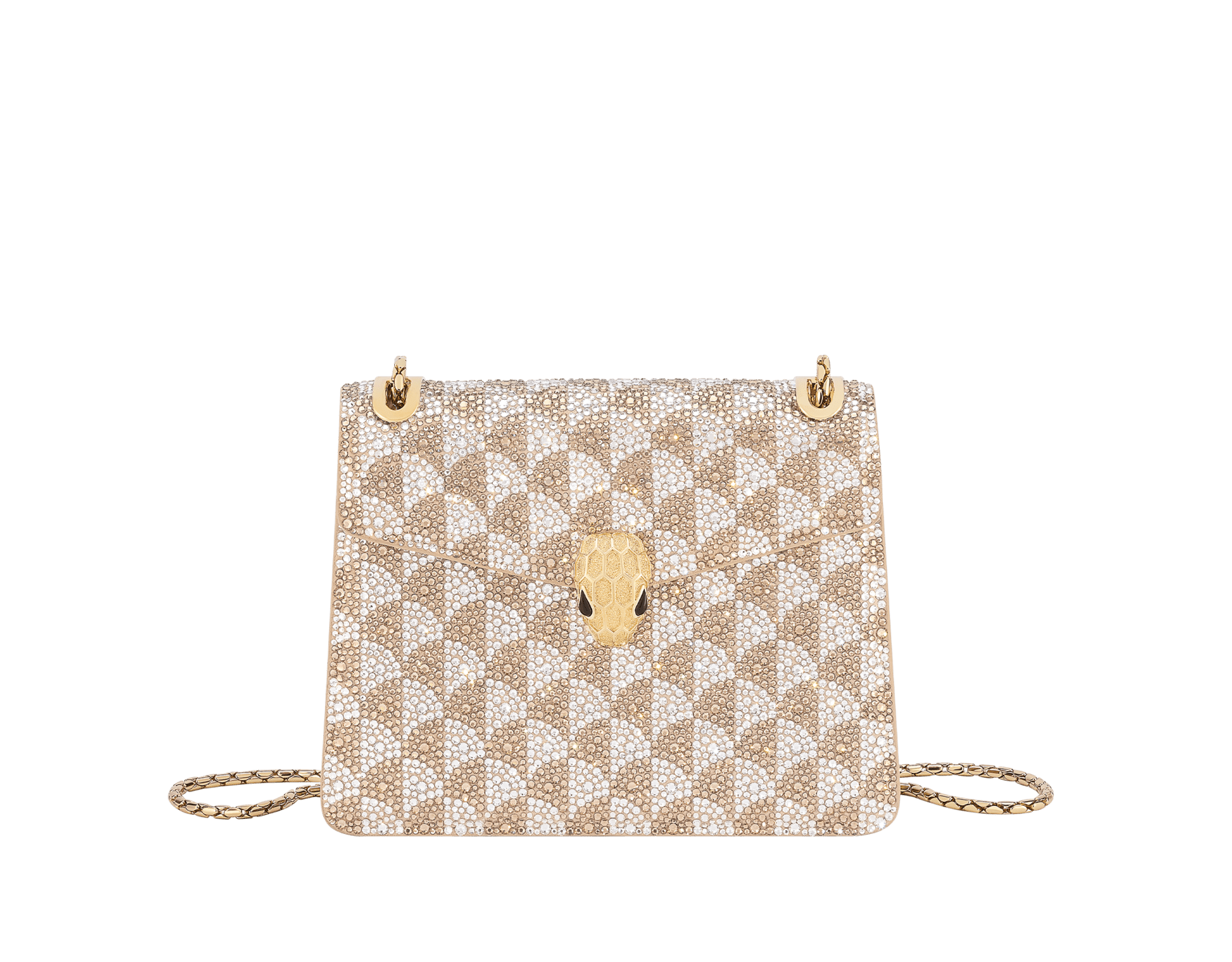 Serpenti Forever Day-to-Night small shoulder bag with a topaz and platinum Calla Crystals pattern applied on suede, and a bright Travertino nappa leather lining. Captivating snakehead magnetic closure in gold-plated brass embellished with diamond-cut engraving on the scales, and black onyx eyes. 295103 image 1