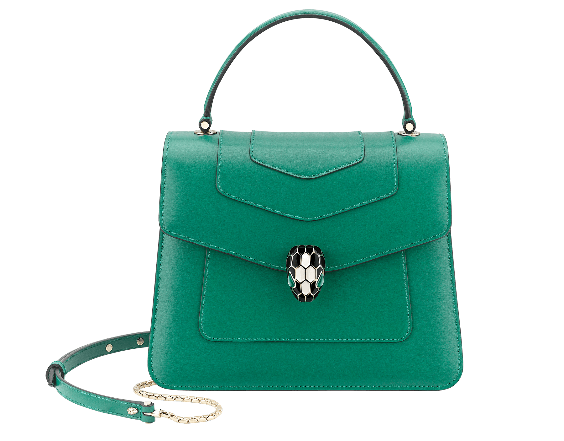 “Serpenti Forever” top handle bag in daisy topaz calf leather. Iconic snake head closure in light gold plated brass enriched with black and white enamel and green malachite eyes. 1050-CL image 1