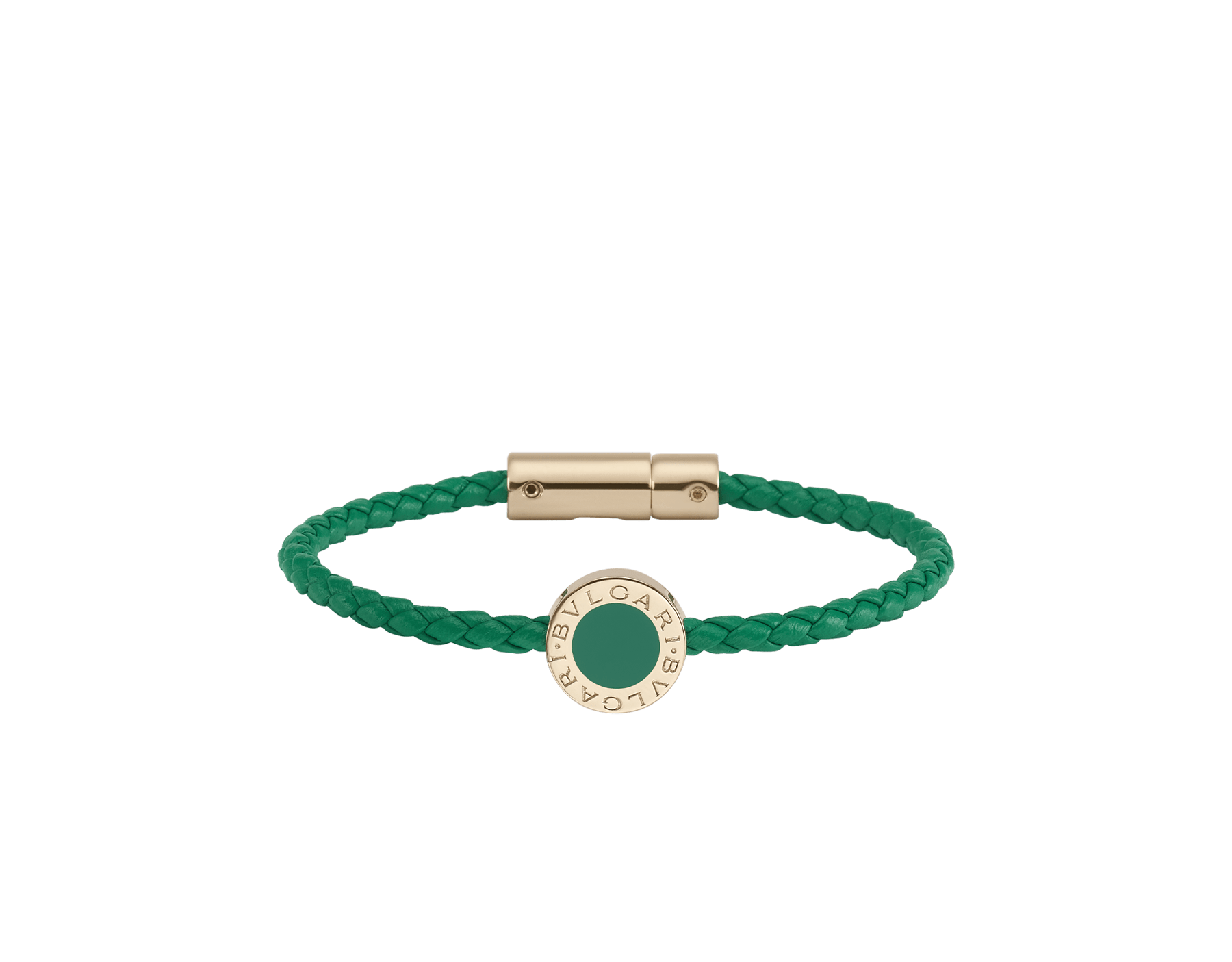 BULGARI BULGARI bracelet in spring peridot green braided calf leather with light gold-plated brass clasp. Iconic embellishment in light gold-plated brass finished with spring peridot green enamel. BB-LOGO-WCL-SG image 1