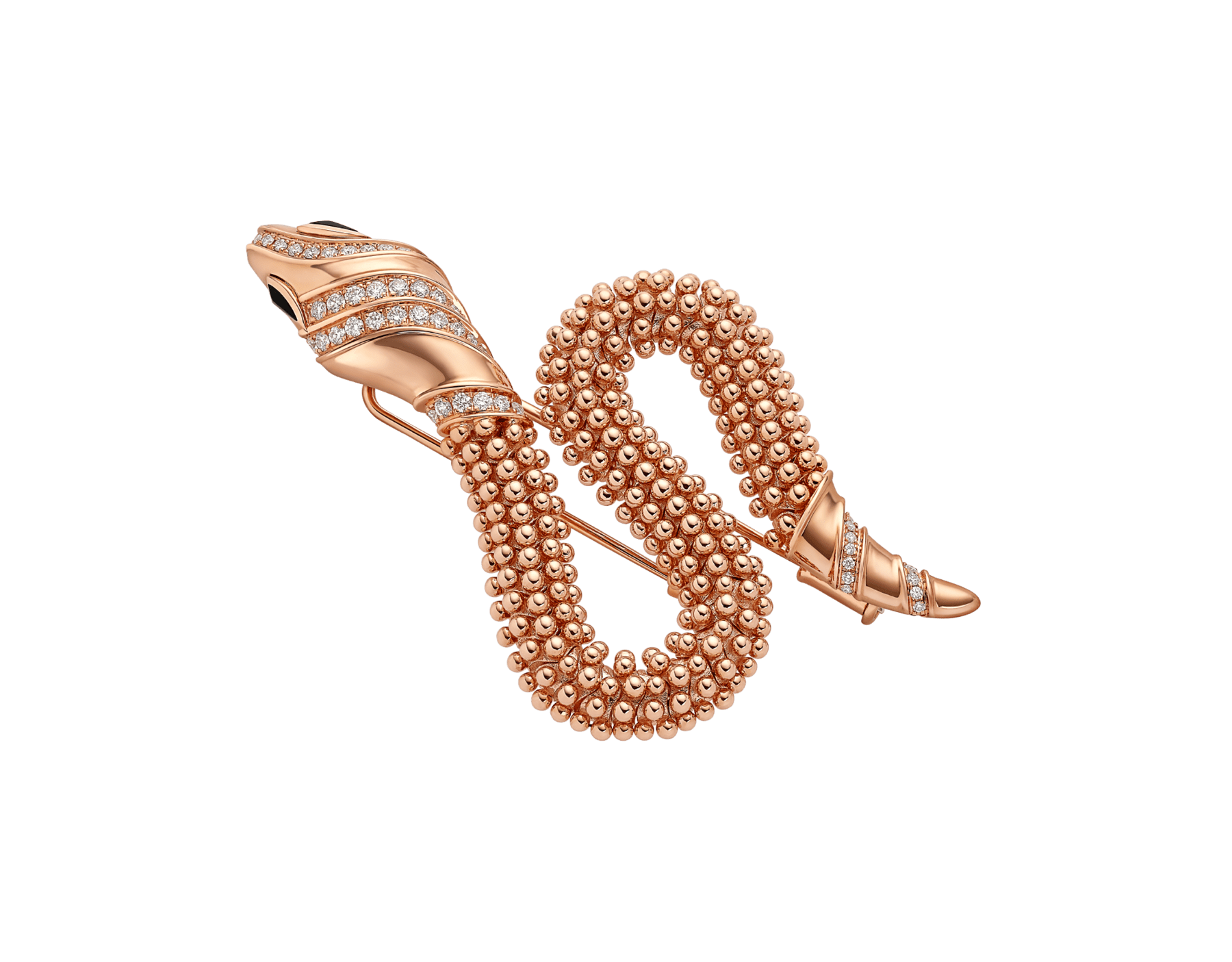 Spilla Serpenti in oro rosa 18 kt con testa e coda con pavé di diamanti e occhi in onice nera. 361721 image 1