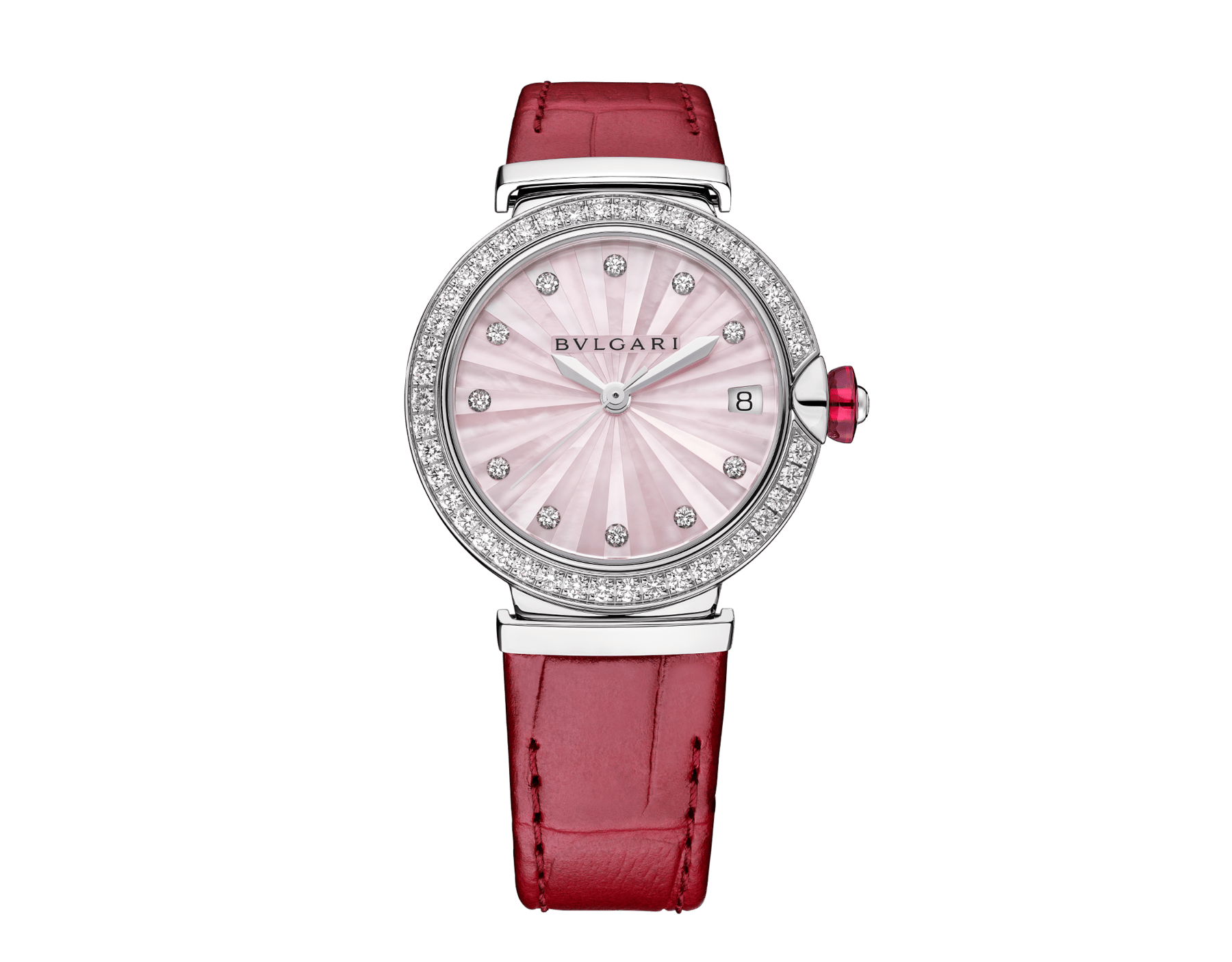 LVCEA Lady Watch , 28 mm stainless steel case and crown with a synthetic cabochon-cut rubellite and 1 round diamond. Pink mother-of-pearls dial intarsio marquetery with 11 round brilliant cut diamonds indexes. Mechanical movement with automatic winding, hours, minutes, seconds and date functions. Frequency 28'800 VpH (4Hz), 25 jewels. Diameter: 25.60 mm, thickness: 3.60mm, Power reserve 42 hours. Pink alligator strap with stitches links to the case set with diamonds and steel ardillon buckle. Water proof 50 m. 103618 image 1