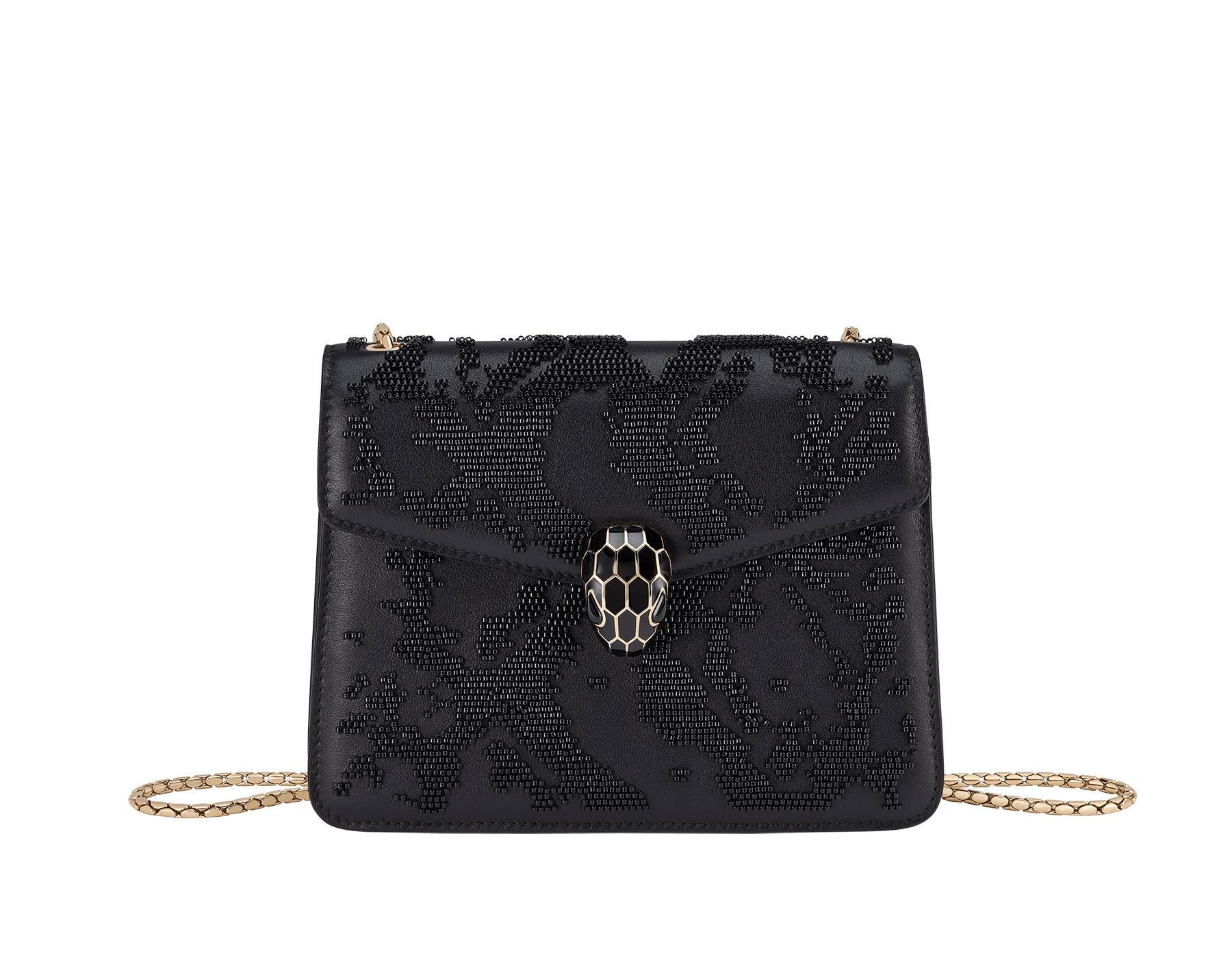 Serpenti Forever small crossbody bag in black Snake Invaders Metropolitan calf leather with a hand-sewn black glass beads embroidery and black nappa leather lining. Captivating snakehead magnetic closure in light gold-plated brass embellished with matte and shiny black enamel scales, and black onyx eyes. 292275 image 1