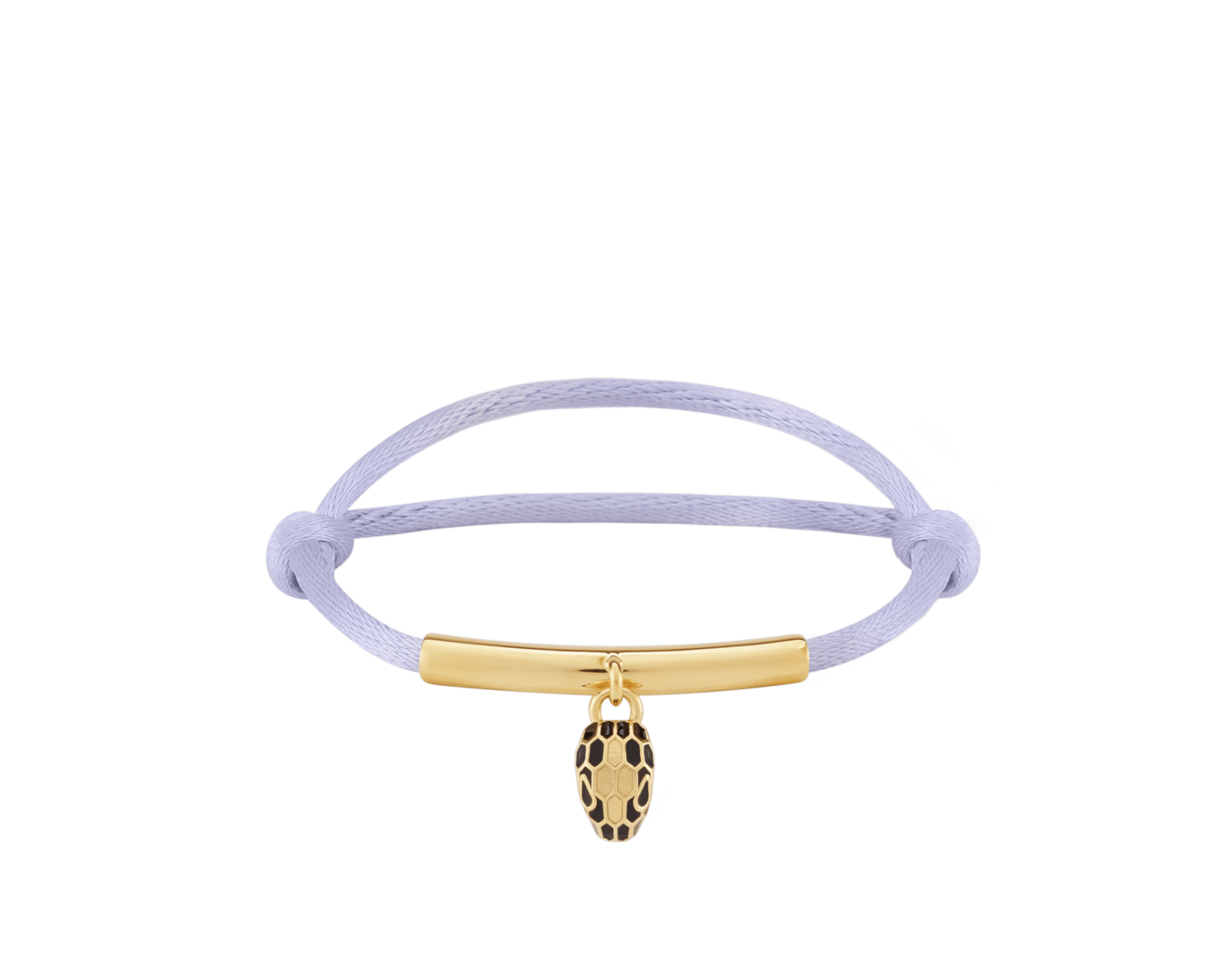 Serpenti Forever bracelet in ruby red fabric. Gold-plated brass tubular element and captivating snakehead charm embellished with black and white agate enamel scales, and black enamel eyes. SERP-MINISTRINGe image 1