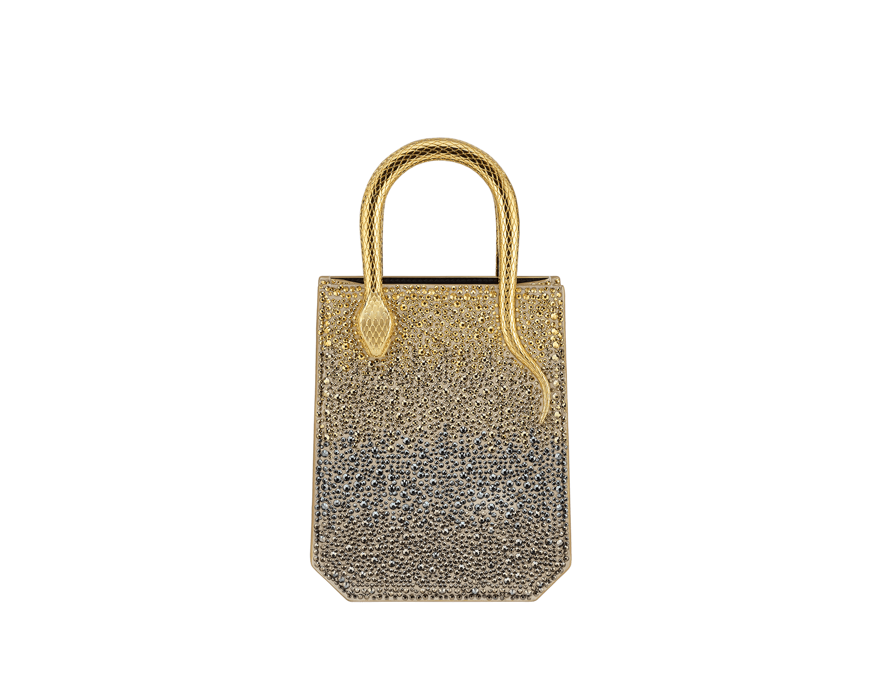 Serpentine mini tote bag in natural suede with different-size degradé gold crystals and black nappa leather lining. Captivating snake body-shaped handles in gold-plated brass embellished with engraved scales and red enamel eyes. 292824 image 1