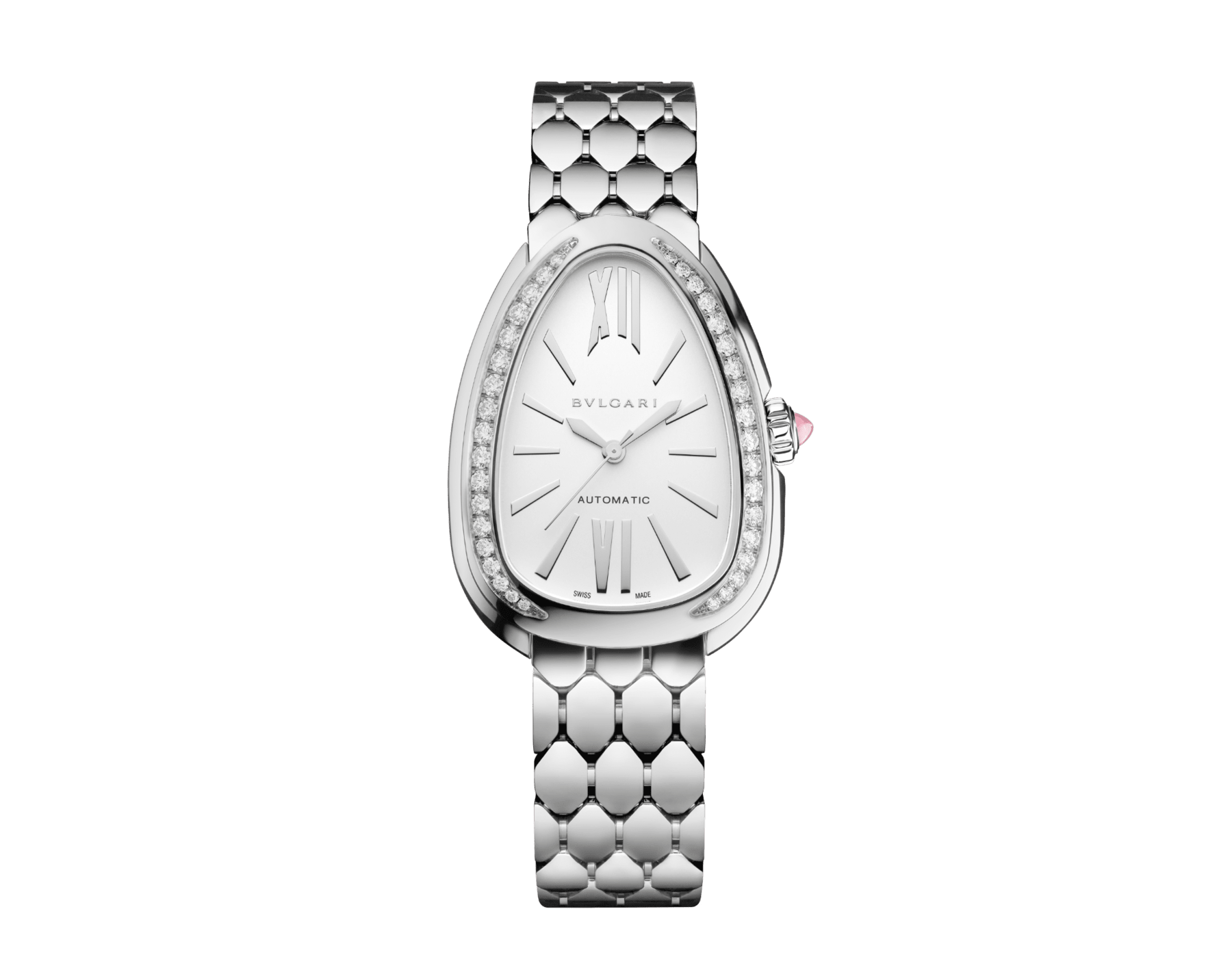Serpenti Seduttori automatic watch in stainless steel with diamond-set bezel and white opaline dial. Water-resistant up to 30 metres 104060 image 1