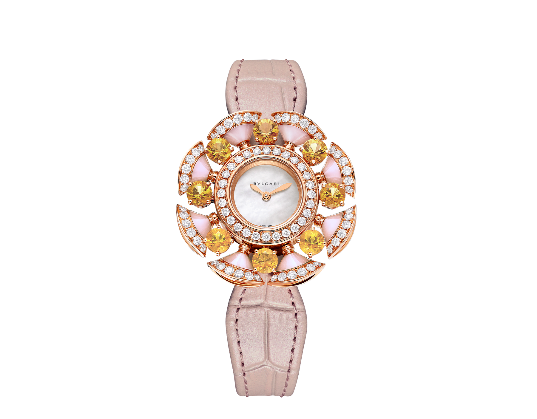 DIVAS’ DREAM 腕錶，18K 玫瑰金錶殼和花瓣鑲飾圓形明亮型切割鑽石、粉紅色蛋白石和黃水晶。珍珠母貝錶盤，粉紅色鱷魚皮錶帶。 103635 image 1