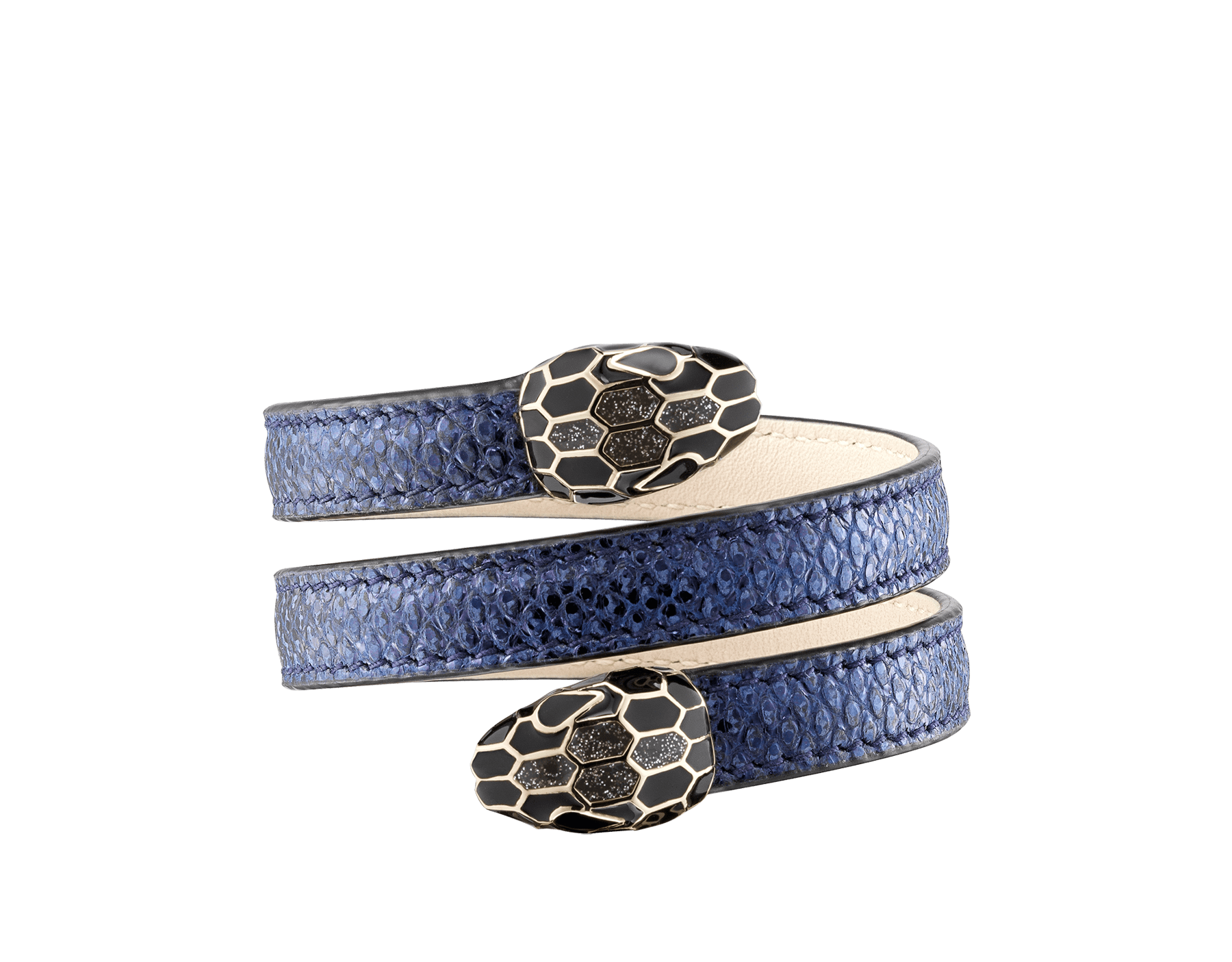 "Serpenti Forever" multi-coiled Cleopatra bangle in precious, metallic Midnight Sapphire blue karung skin with light gold-plated brass details. Iconic double snakehead with black and glittery Hawk's Eye grey enamel and seductive black enamel eyes. Cleopatra-MK-MidSapph image 1