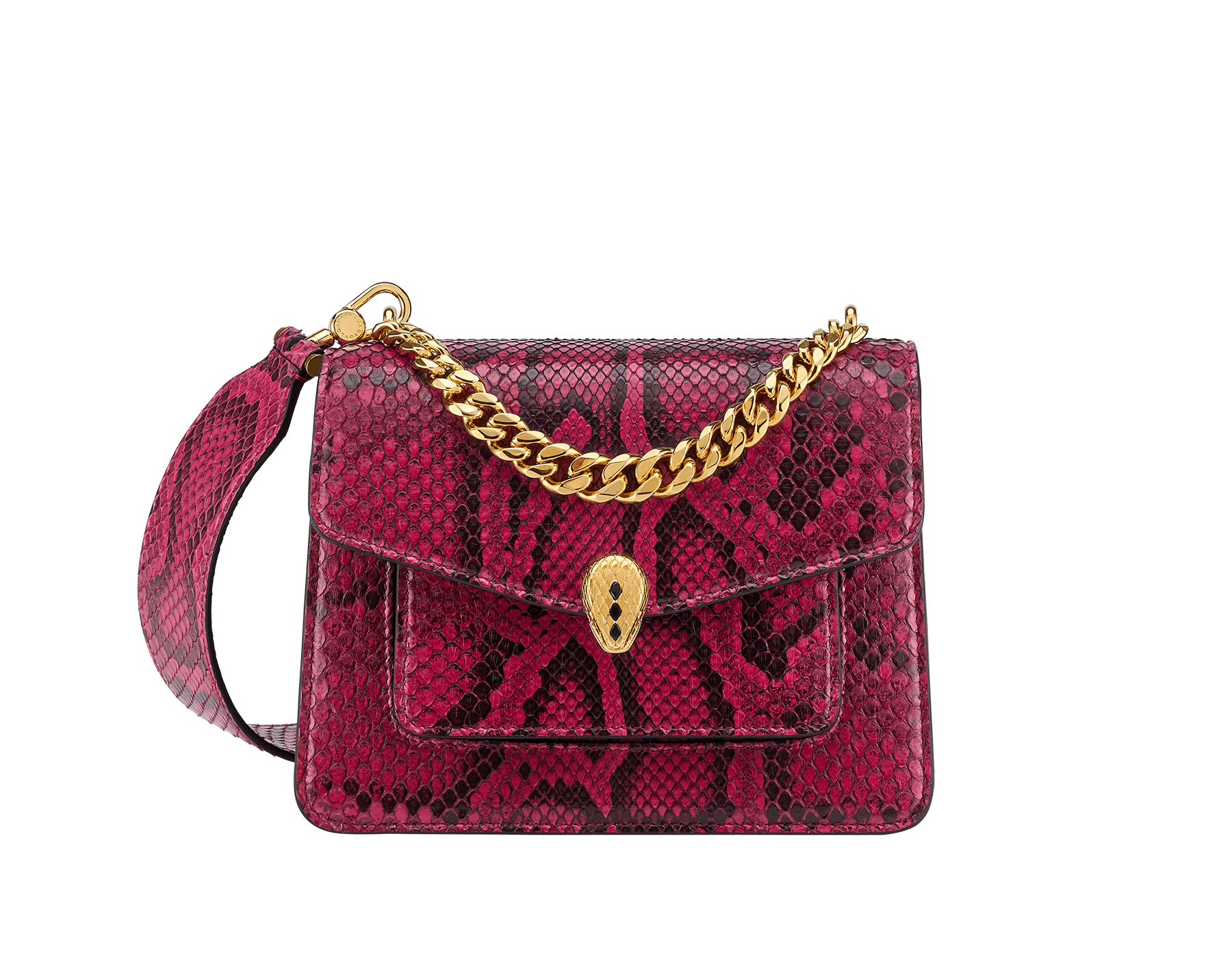 Serpenti Forever Maxi Chain small crossbody bag in soft, shiny anemone spinel pinkish red python skin with black nappa leather lining. Captivating magnetic snakehead closure in gold-plated brass embellished with black onyx scales and red enamel eyes. 1134-SSP image 1