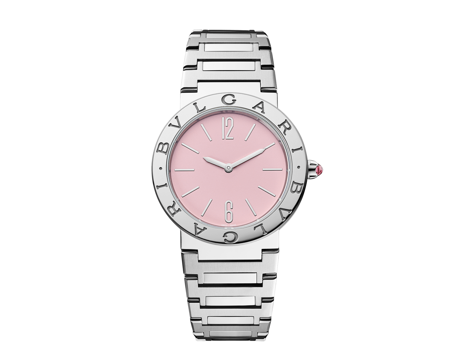 BULGARI BULGARI 腕錶，精鋼錶殼，錶圈鐫刻雙品牌標誌，拋光及緞面精鋼錶帶，粉紅色漆面錶盤。防水深度 30 公尺。全球限量 350 只。 103711 image 1