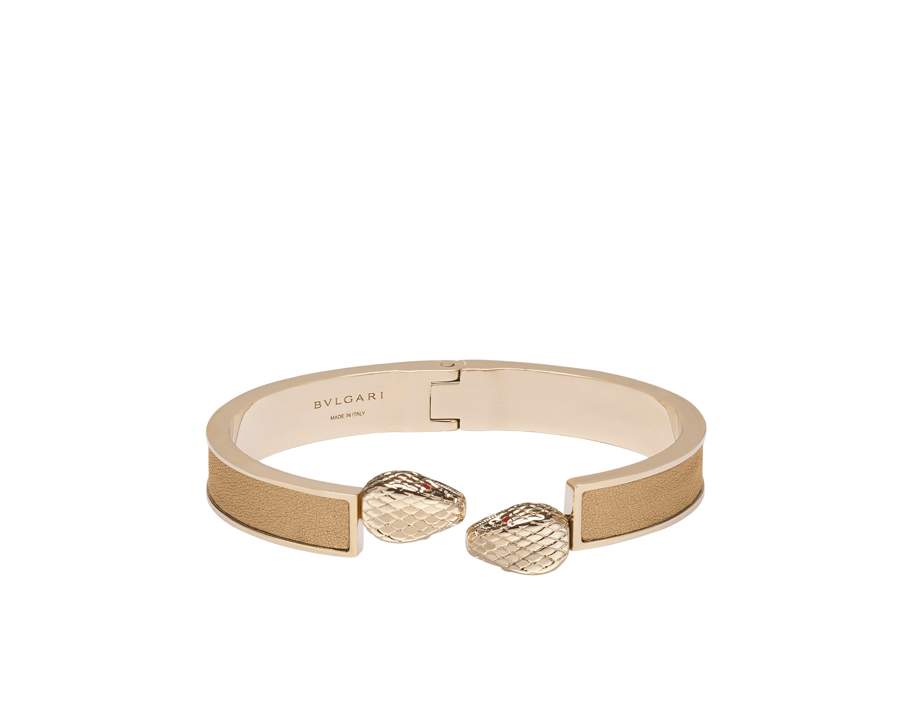 Serpenti Forever bangle bracelet in light gold-plated brass with antique gold Liquid Metal calf leather inserts. Captivating double snakehead hinge closure in light gold-plated brass embellished with red enamel eyes. SERPHINGE-LMCL-AG image 1