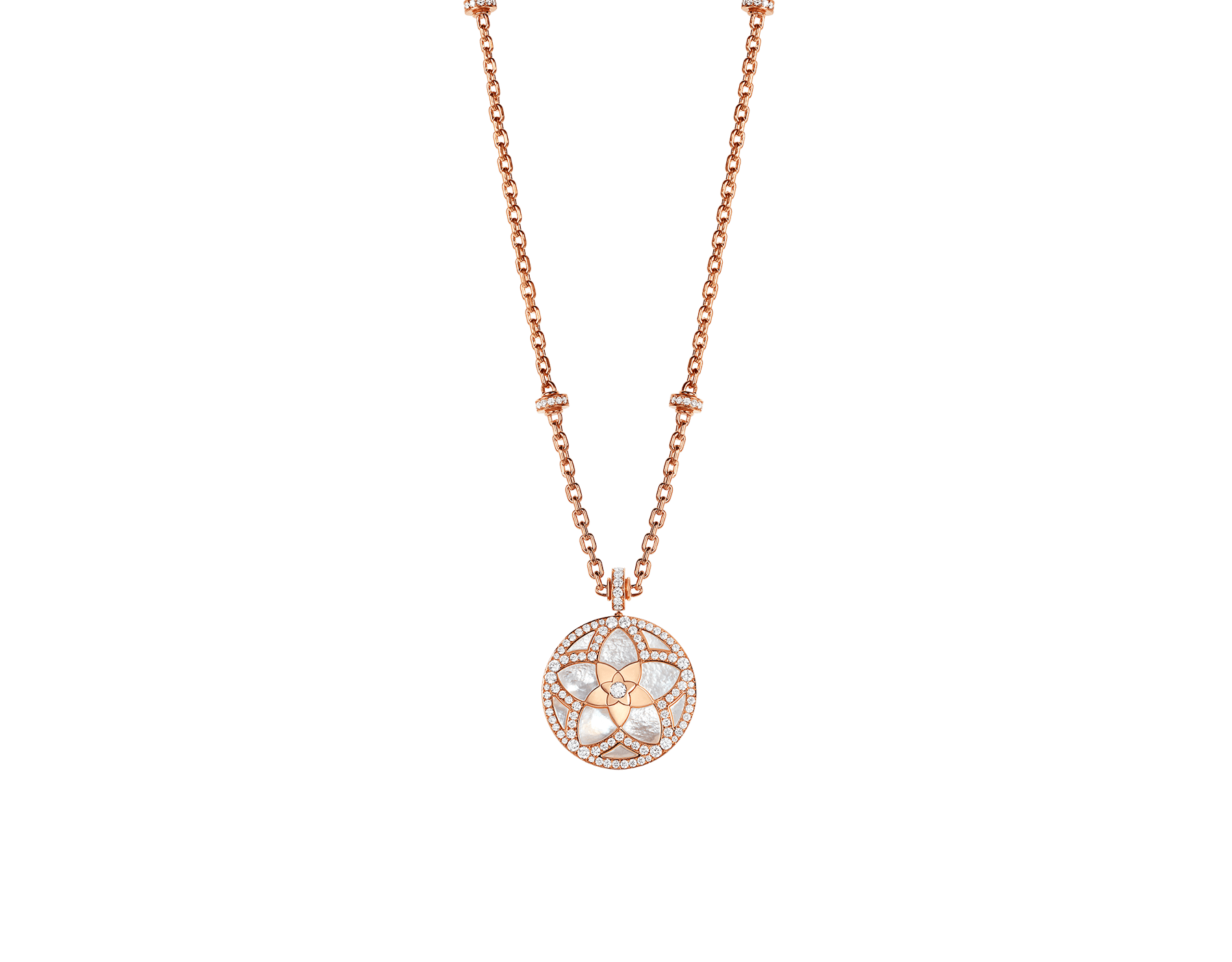 Jannah Flower 18 kt rose gold pendant necklace set with mother-of-pearl inserts and pavé diamonds 358490 image 1