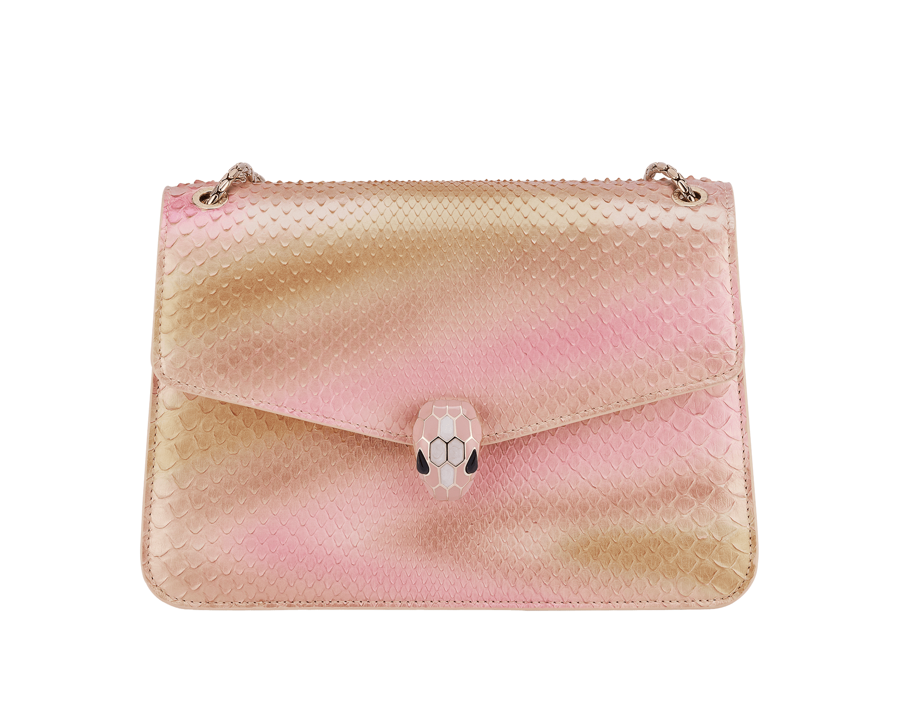 Serpenti Forever medium shoulder bag in pyrite Decò gold python skin with crystal rose nappa leather lining. Captivating snakehead magnetic closure in light gold-plated brass embellished with caramel topaz beige and white mother-of-pearl enamel scales, and black onyx eyes. 292077 image 1