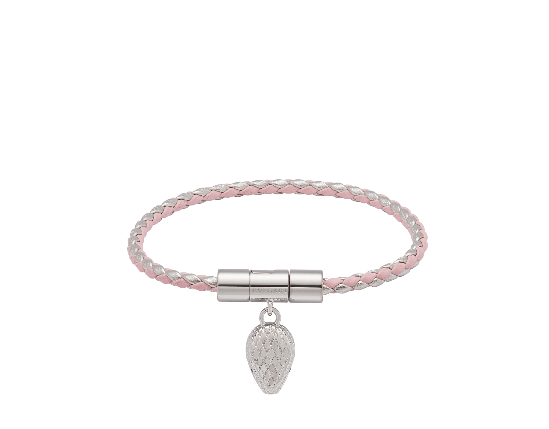 Serpenti Forever bracelet in primrose quartz pink and silver braided calf leather. Palladium-plated brass captivating snakehead charm embellished with red enamel eyes, attached on the frontal clasp closure. SERPHERBRAID-WCL-PQ image 1