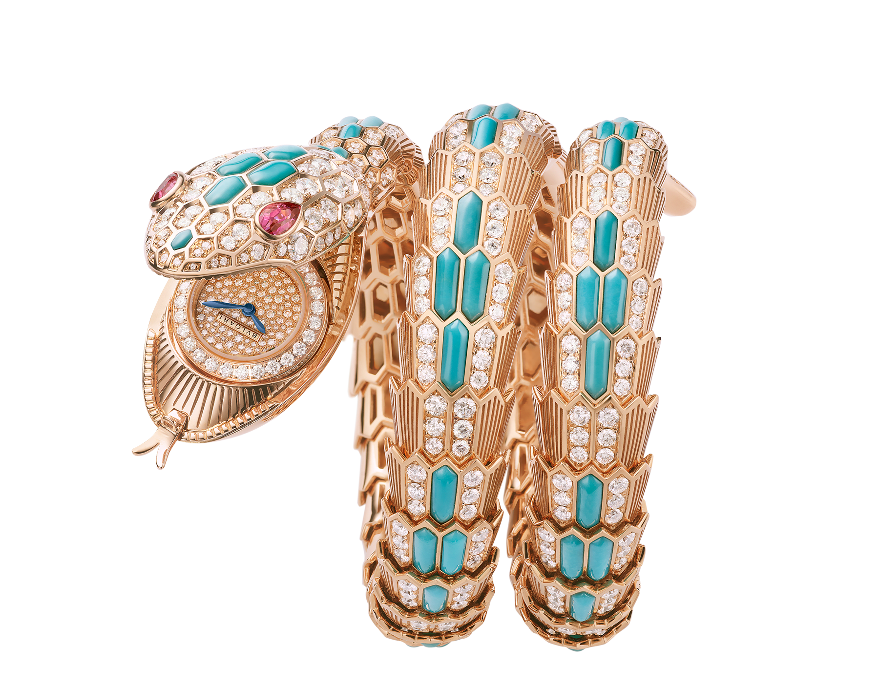 Serpenti Misteriosi High Jewellery secret watch with mechanical manufacture micro-movement with manual winding, 18 kt rose gold case and bracelet set with turquoise inserts, brilliant-cut diamonds and two pear-cut rubellites, with pavé-set diamond dial. 103558 image 1