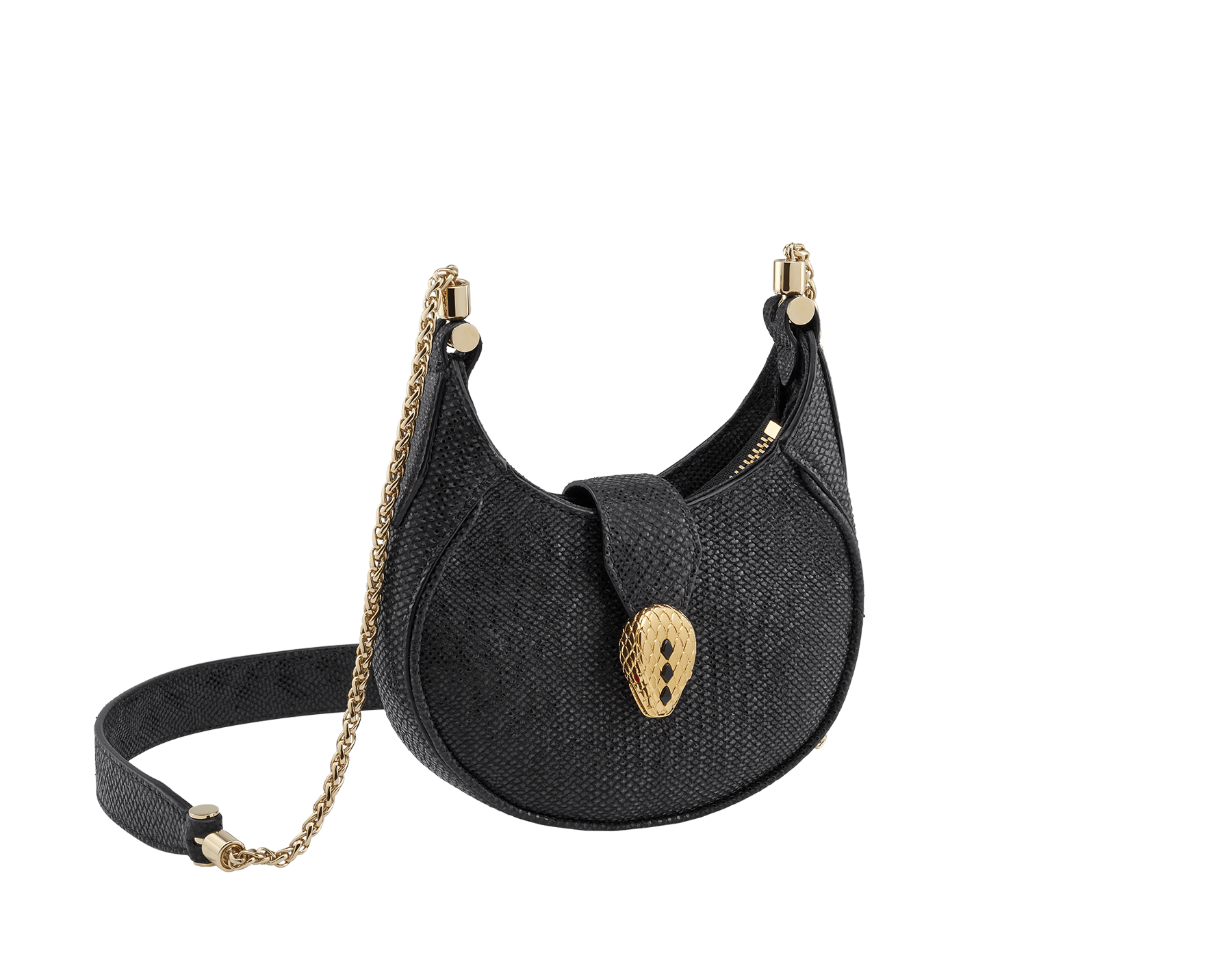 Serpenti Ellipse micro crossbody bag in moon silver black metallic karung skin with black nappa leather lining. Captivating snakehead closure in gold-plated brass embellished with red enamel eyes. SEA-MICROHOBOa image 1