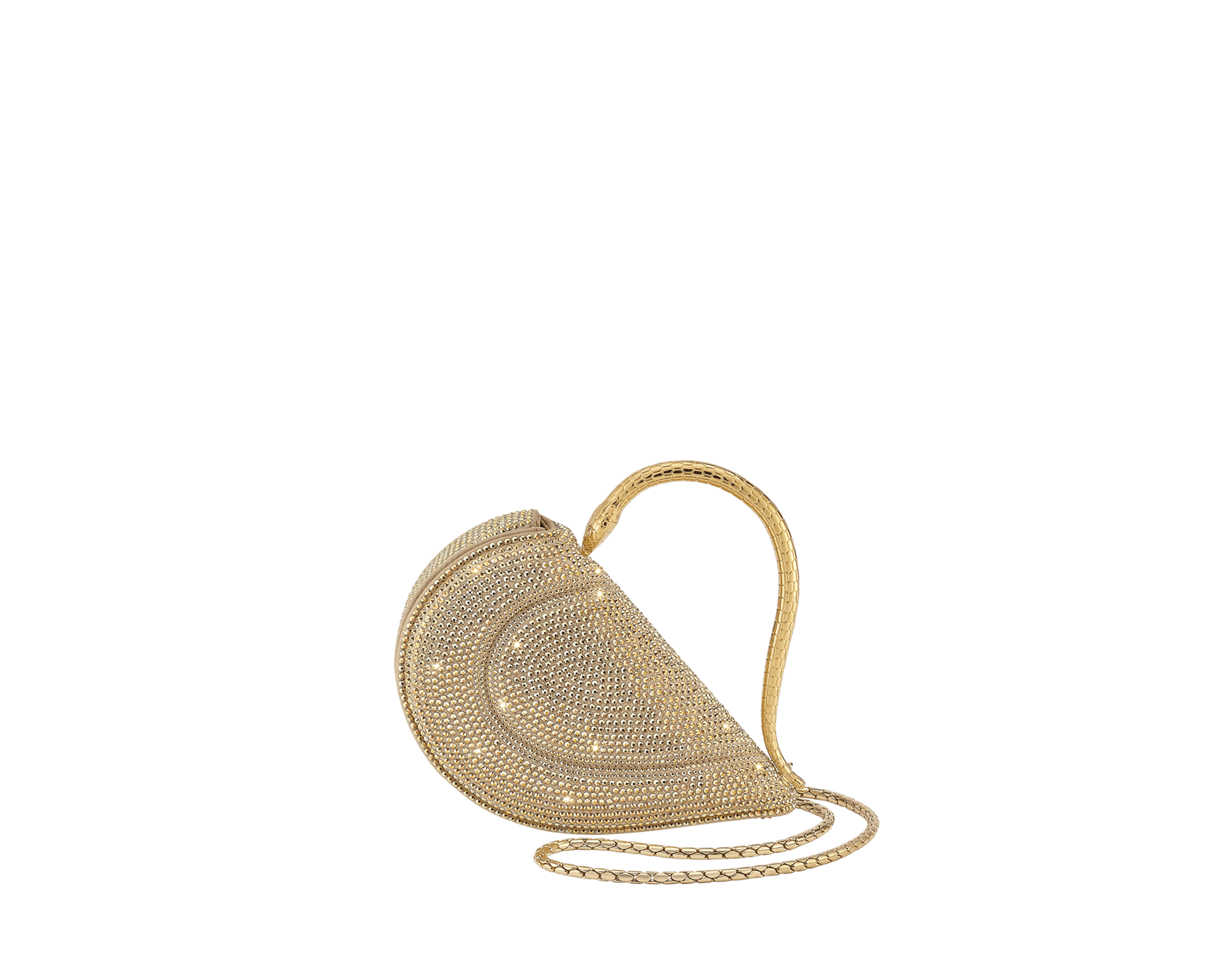 Serpenti Cuoricino mini top handle bag with gold Neige Pavé Crystals applied on a suede base and bright Travertino nappa leather lining. Captivating snake body-shaped top handle in gold-plated brass embellished with engraved scales; press-button closure. 295410 image 1