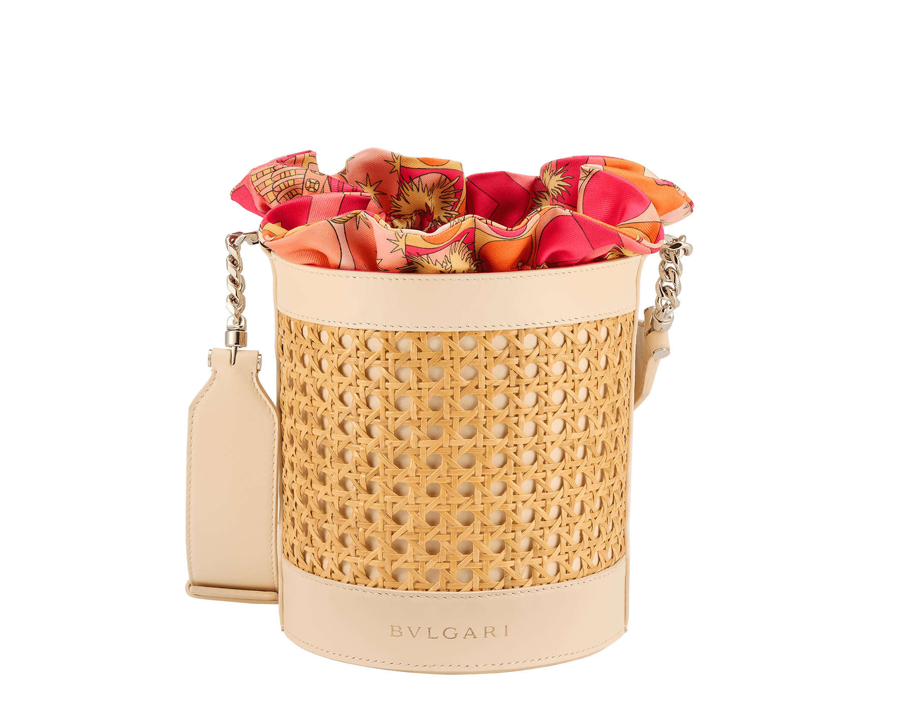 Serpenti Forever medium bucket bag in natural Vienna straw with ivory opal calf leather details. Detachable satin satchel with multicoloured print outside and beetroot spinel fuchsia inside, and drawstring closure with captivating snakeheads in light gold-plated brass. 292075 image 1