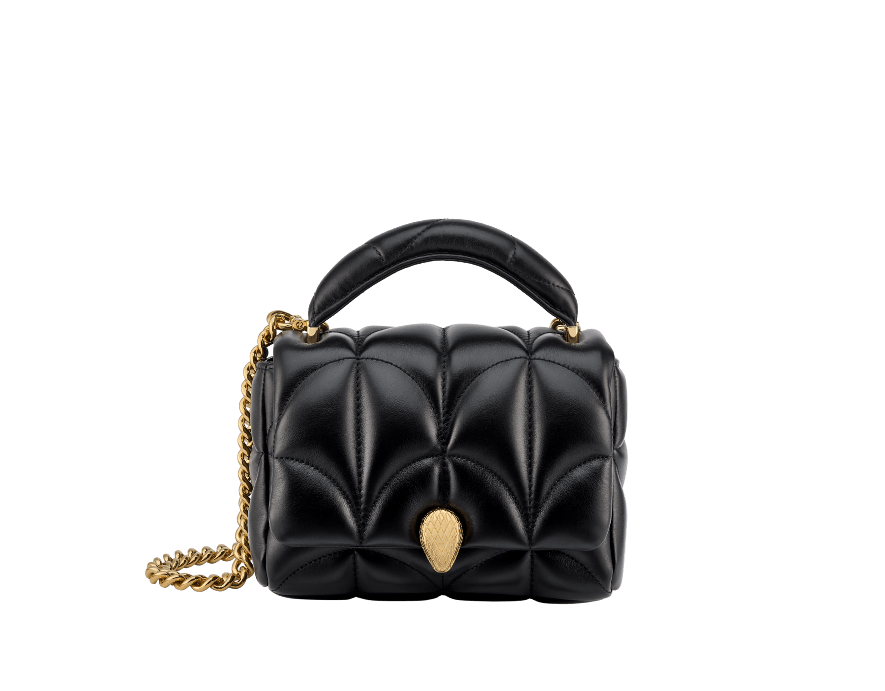 Serpenti Sugarloaf small shoulder bag in black calf leather with a maxi Calla Matelassé motif and black nappa leather lining. Captivating snakehead magnetic closure in gold-plated brass. SSL-001-1316XS image 1