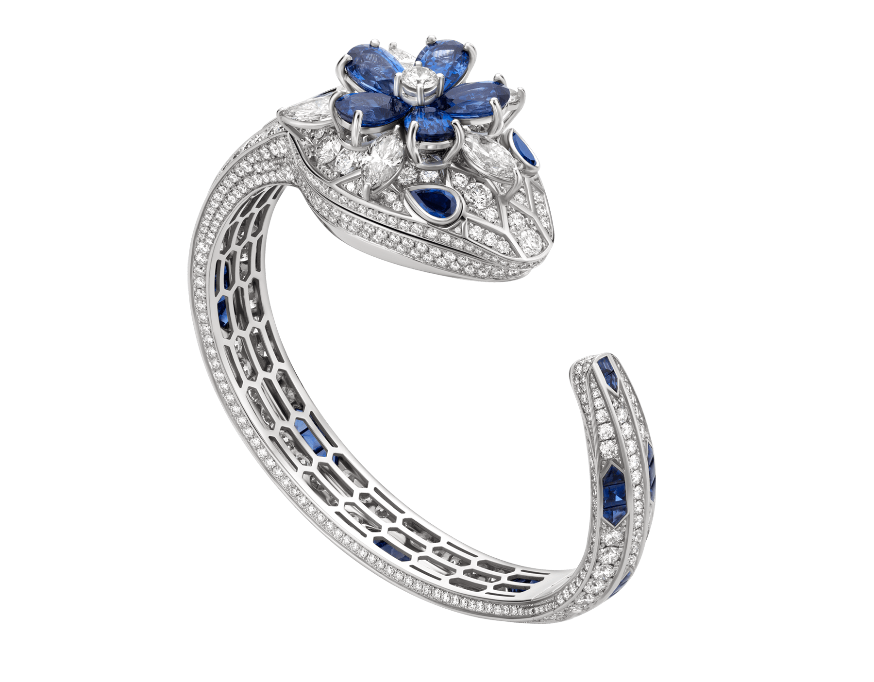 Serpenti Secret Watch with 18 kt white gold head set with brilliant-cut and marquise-shaped diamonds and pear-shaped sapphires and sapphire eyes, 18 kt white gold case and dial both set with brilliant-cut diamonds, and 18 kt white gold bracelet set with brilliant-cut diamonds and buff-top cut sapphires 103020 image 1