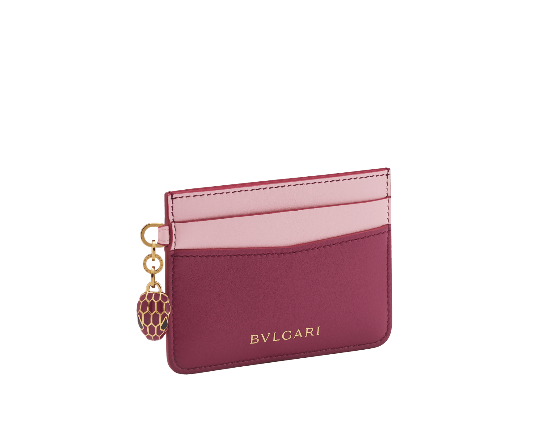 Credit card holder in ruby red and desert quartz calf leather. Serpenti charm in black and white enamel with green malachite enamel eyes and Bulgari logo in metal characters. SEA-CC-HOLDER-CLa image 1