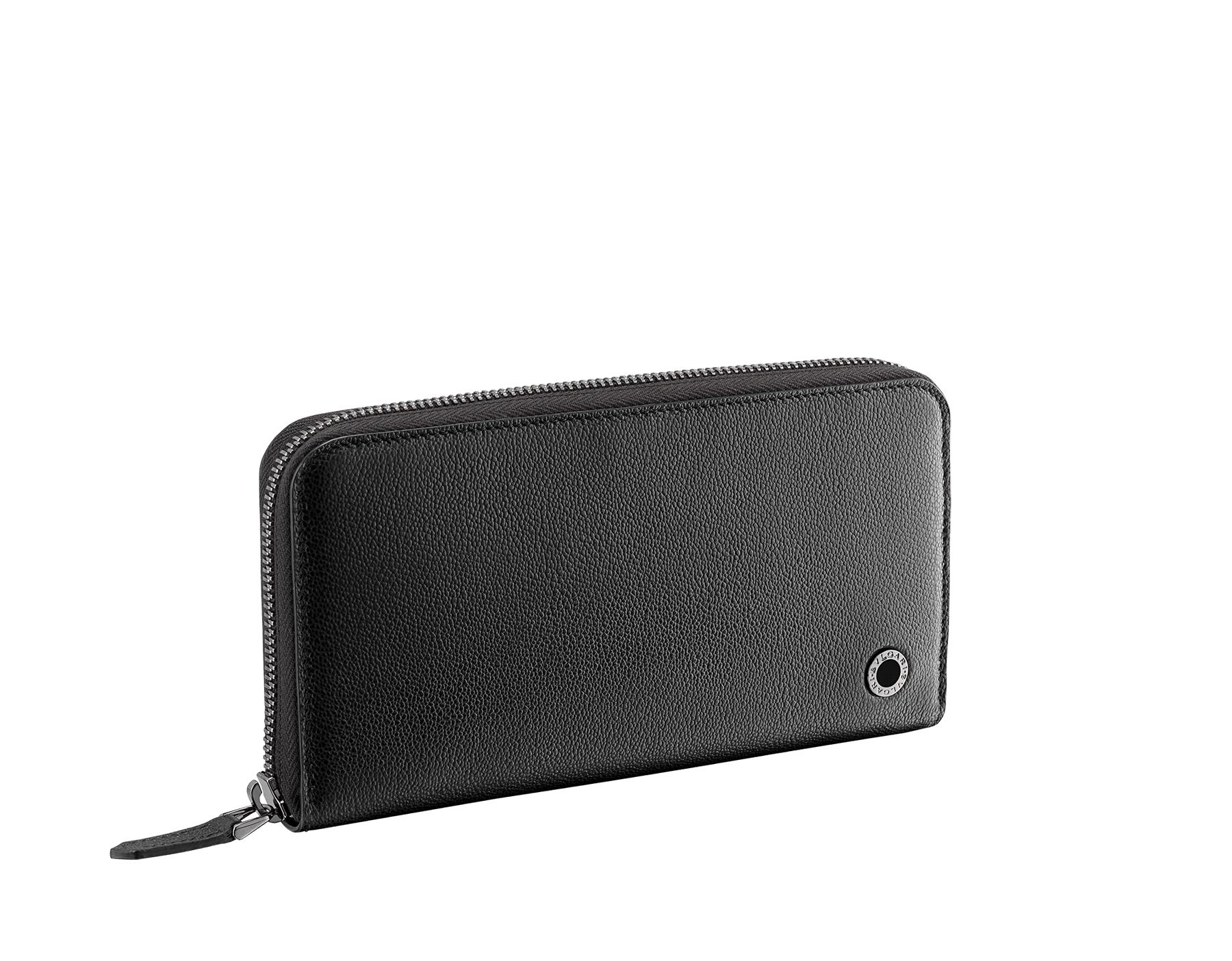 "BVLGARI BVLGARI" men's large zipped wallet in black and Forest Emerald green "Urban" grain calf leather. Iconic logo embellishment in dark ruthenium-plated brass with black enamelling. BBM-WLTZIPASYM image 1