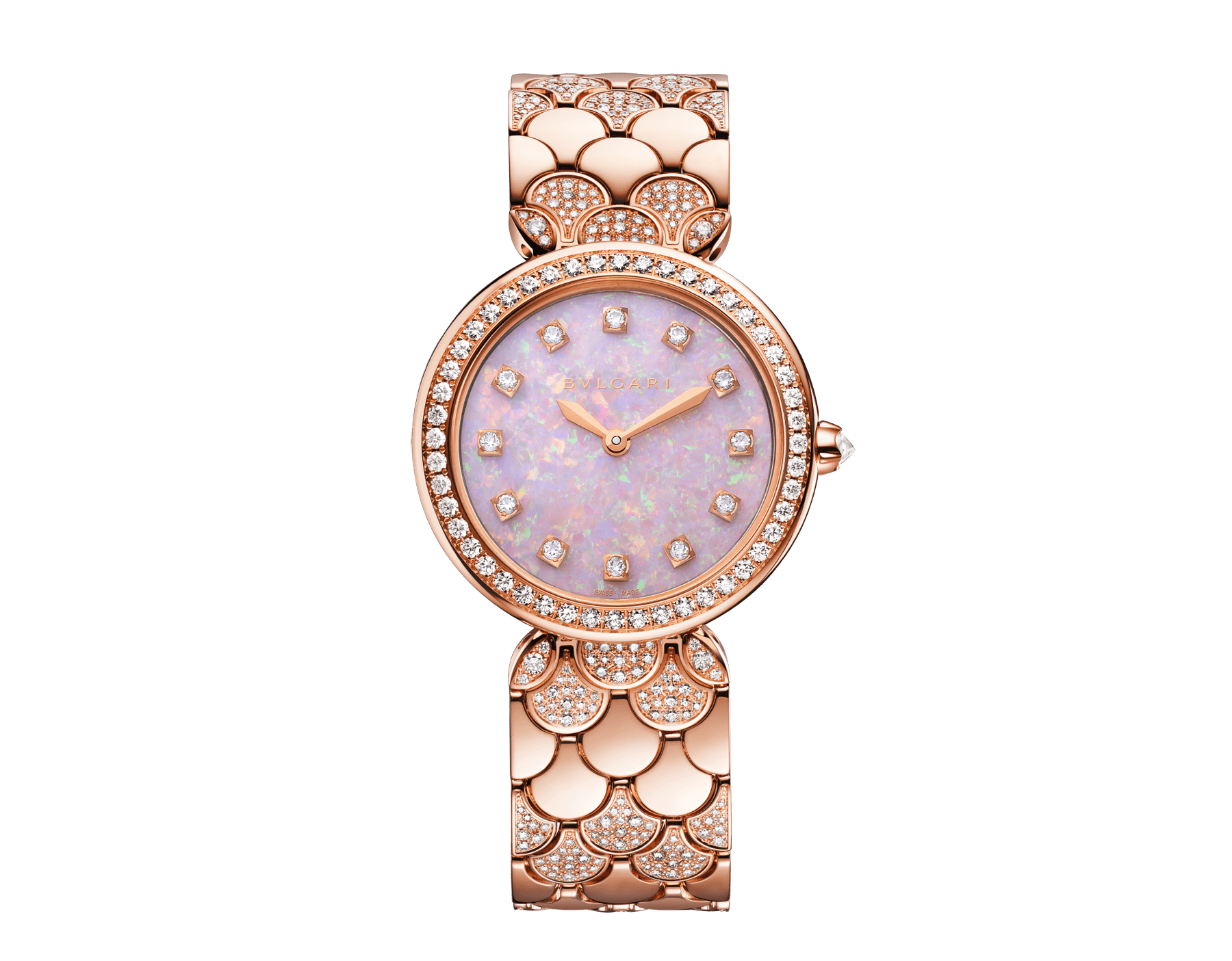DIVAS' DREAM watch featuring a 18 kt rose gold case and bracelet set with brilliant-cut diamonds, pink opal dial and 12 diamond indexes. Water-resistant up to 30 metres 103647 image 1
