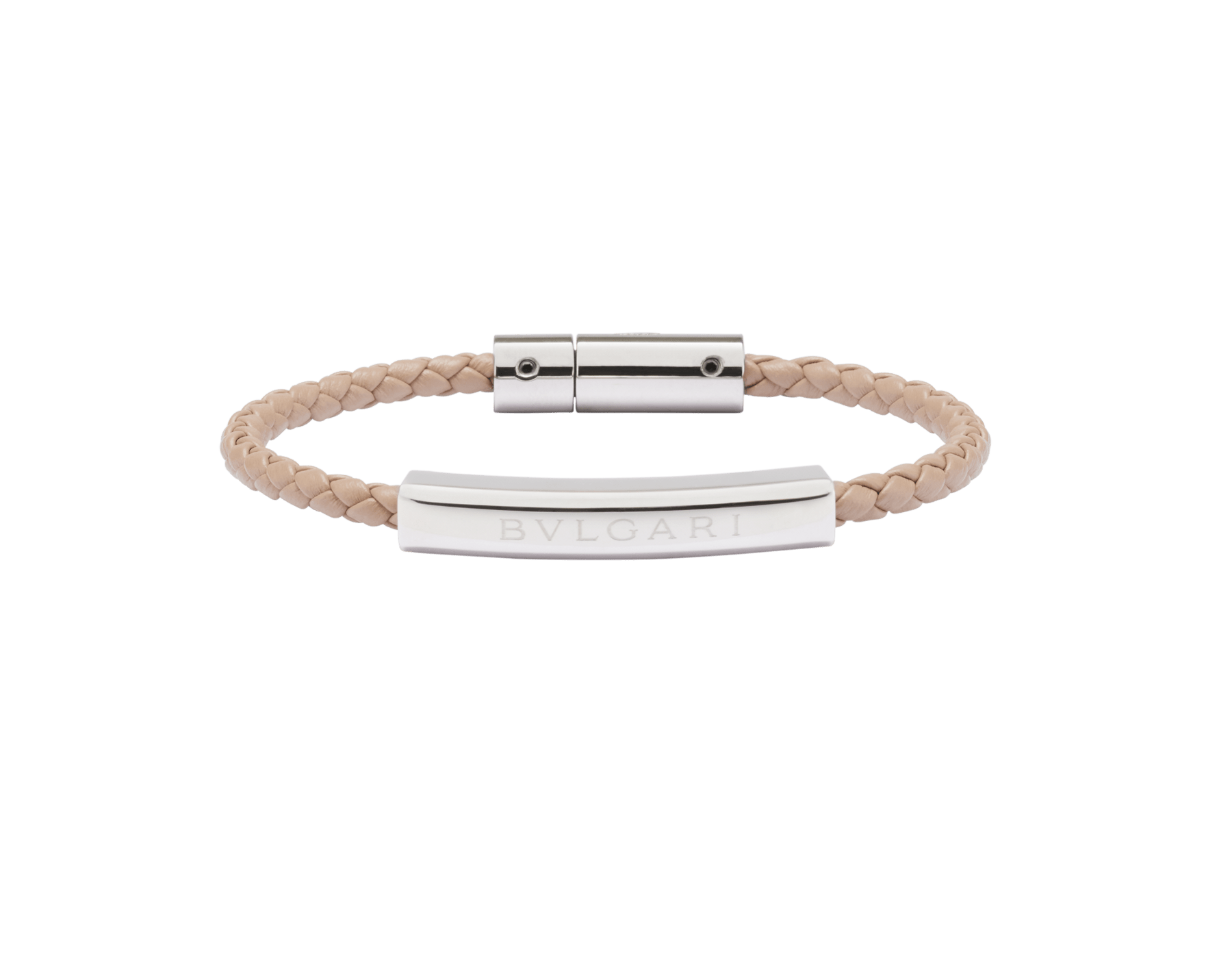 BULGARI BULGARI bracelet in taupe quartz light brown braided calf leather. Silver plate in the middle engraved with iconic BULGARI logo and silver clasp closure. LOGOPLATEW-WCL-TQ image 1