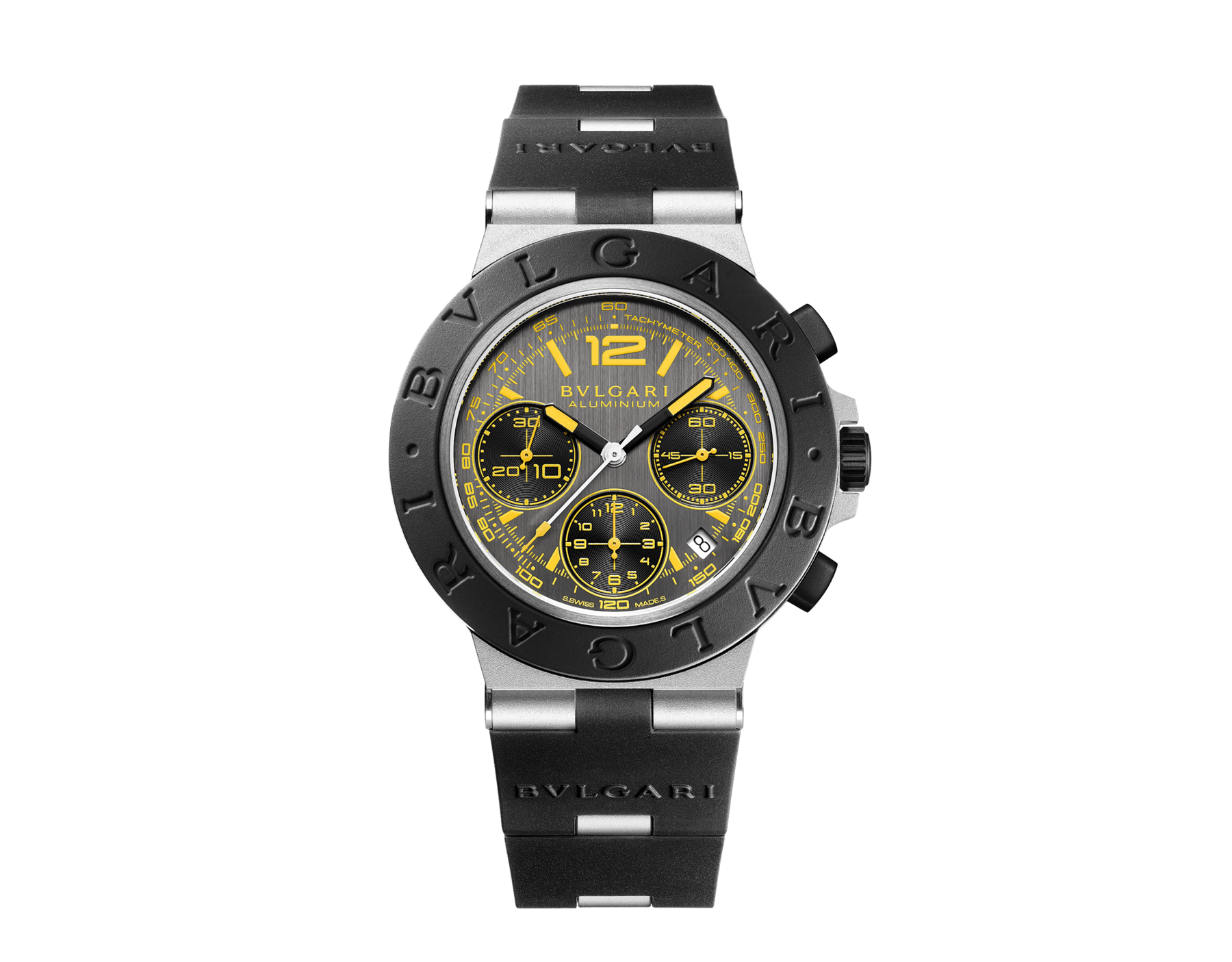 Bulgari Aluminium Gran Turismo Special Edition watch with mechanical movement, automatic winding, chronograph, 41 mm aluminum case, black rubber bezel with BVLGARI BVLGARI engraving, anthracite brushed dial and black rubber strap. Water-resistant up to 100 meters. Limited edition of 1,200 pieces 103893 image 1