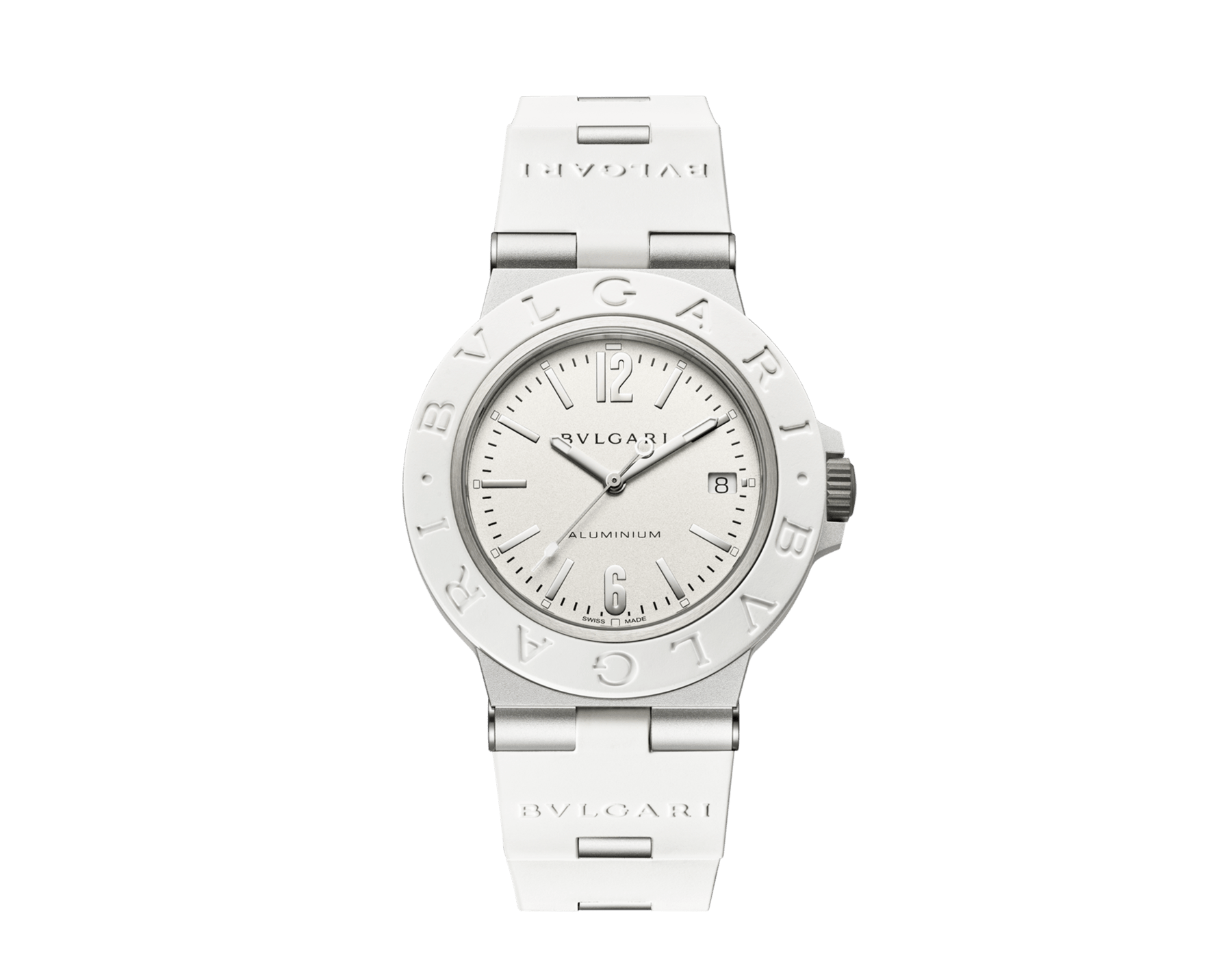 Orologio Bvlgari Aluminium White Automatic con movimento meccanico di manifattura a carica automatica, cassa di 40 mm in alluminio sabbiato, lunetta e cinturino in caucciù bianco e quadrante verniciato opalino bianco. Impermeabile fino a 100 metri. 104335 image 1