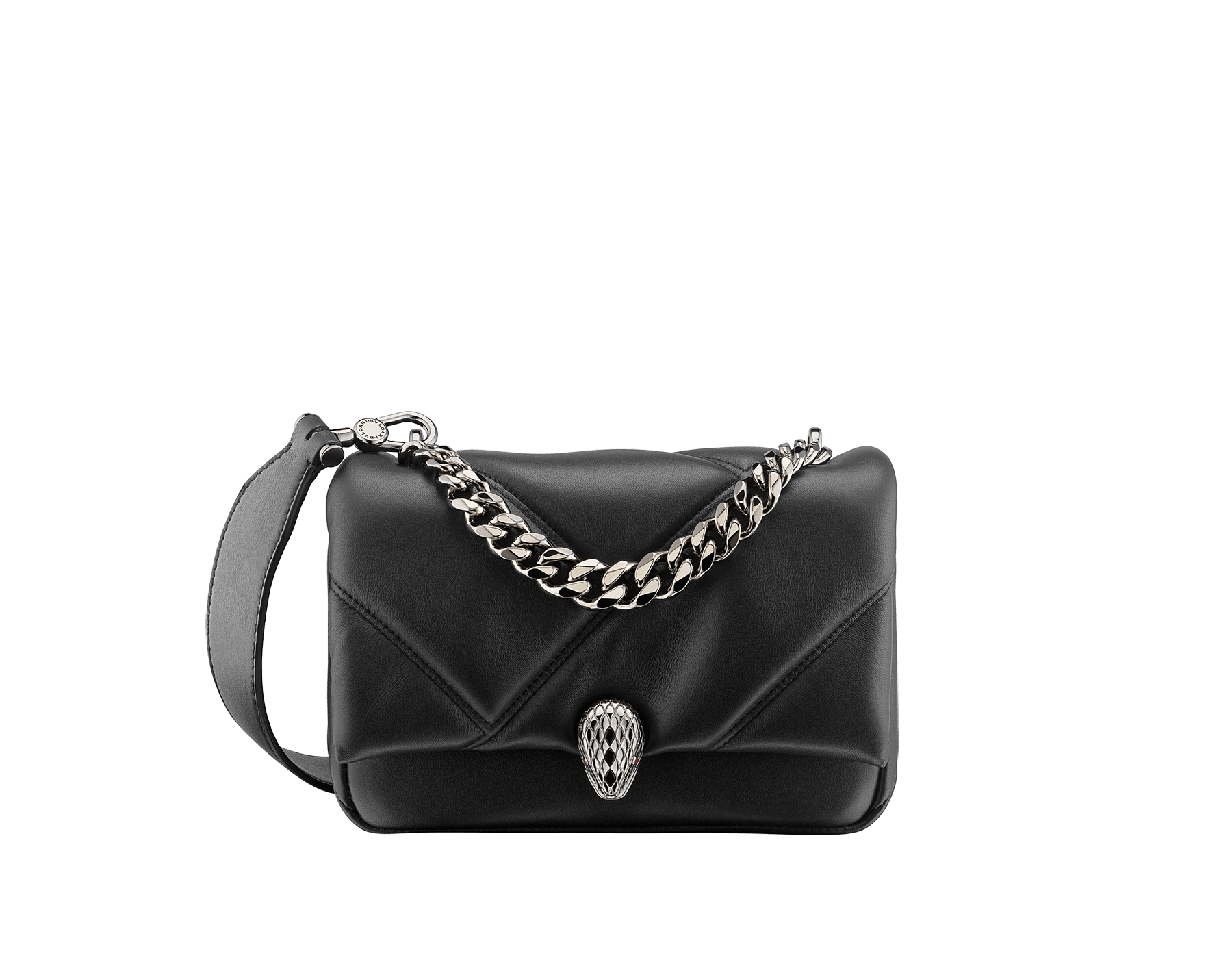 "Serpenti Cabochon" maxi chain crossbody bag in soft quilted black calf leather , with a maxi graphic motif, and black nappa leather internal lining. New Serpenti head closure in dark ruthenium-plated brass finished with small black onyx scales in the middle and red enamel eyes. 1164-NSM image 1