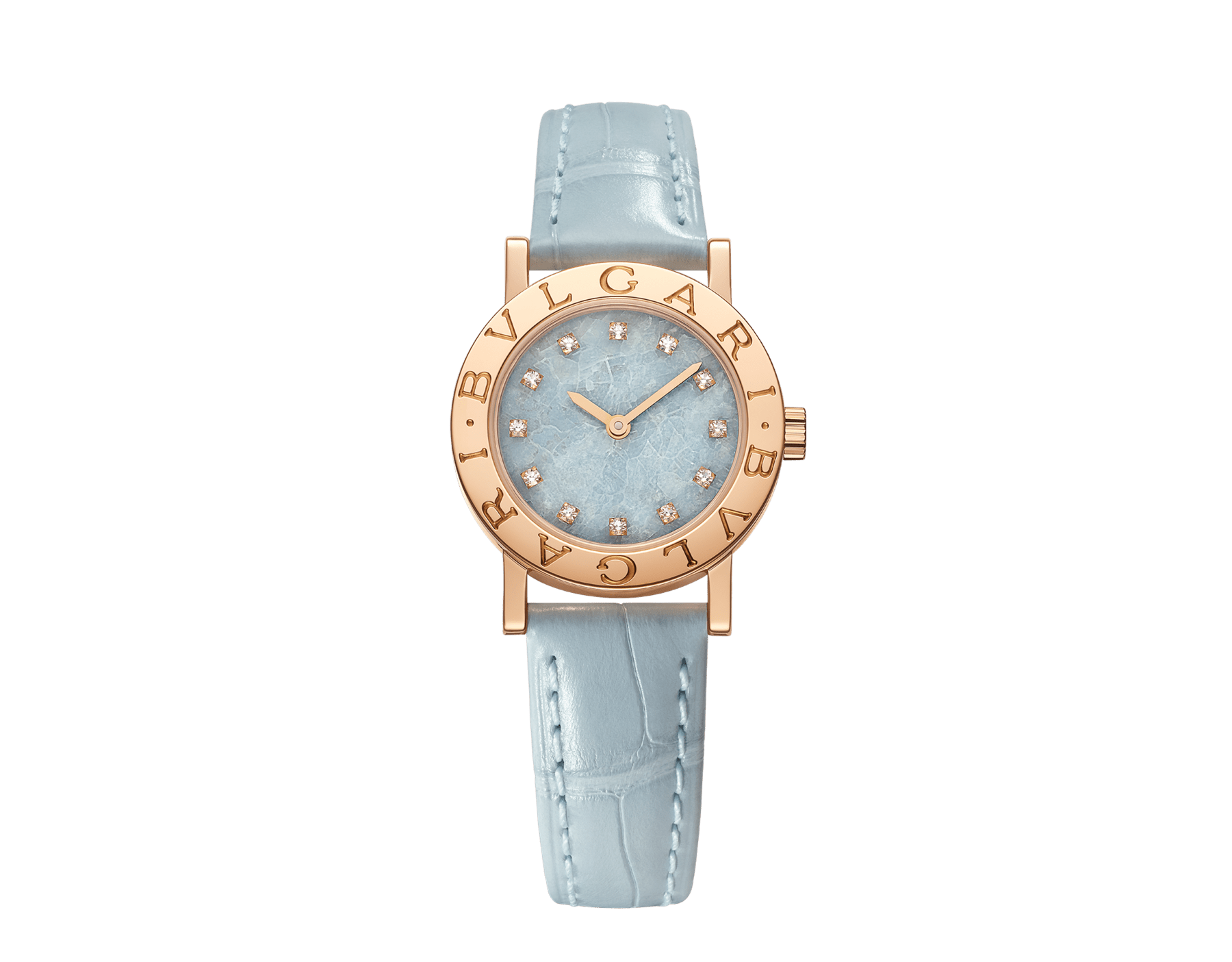 Bvlgari Bvlgari 腕錶，18K 玫瑰金錶殼，錶圈鐫刻雙品牌標誌，冰藍色大理石錶盤，12 個鑽石時標，淺藍色鱷魚皮錶帶。防水深度 30 公尺。 104191 image 1
