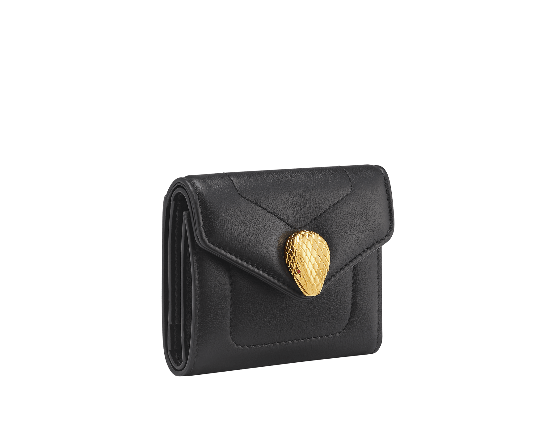 Serpenti Reverse compact wallet in Sahara amber light brown quilted Metropolitan calf leather with taffy quartz pink Metropolitan calf leather interior. Captivating snakehead press button closure in gold-plated brass embellished with red enamel eyes. SRV-COMPACTWLT image 1
