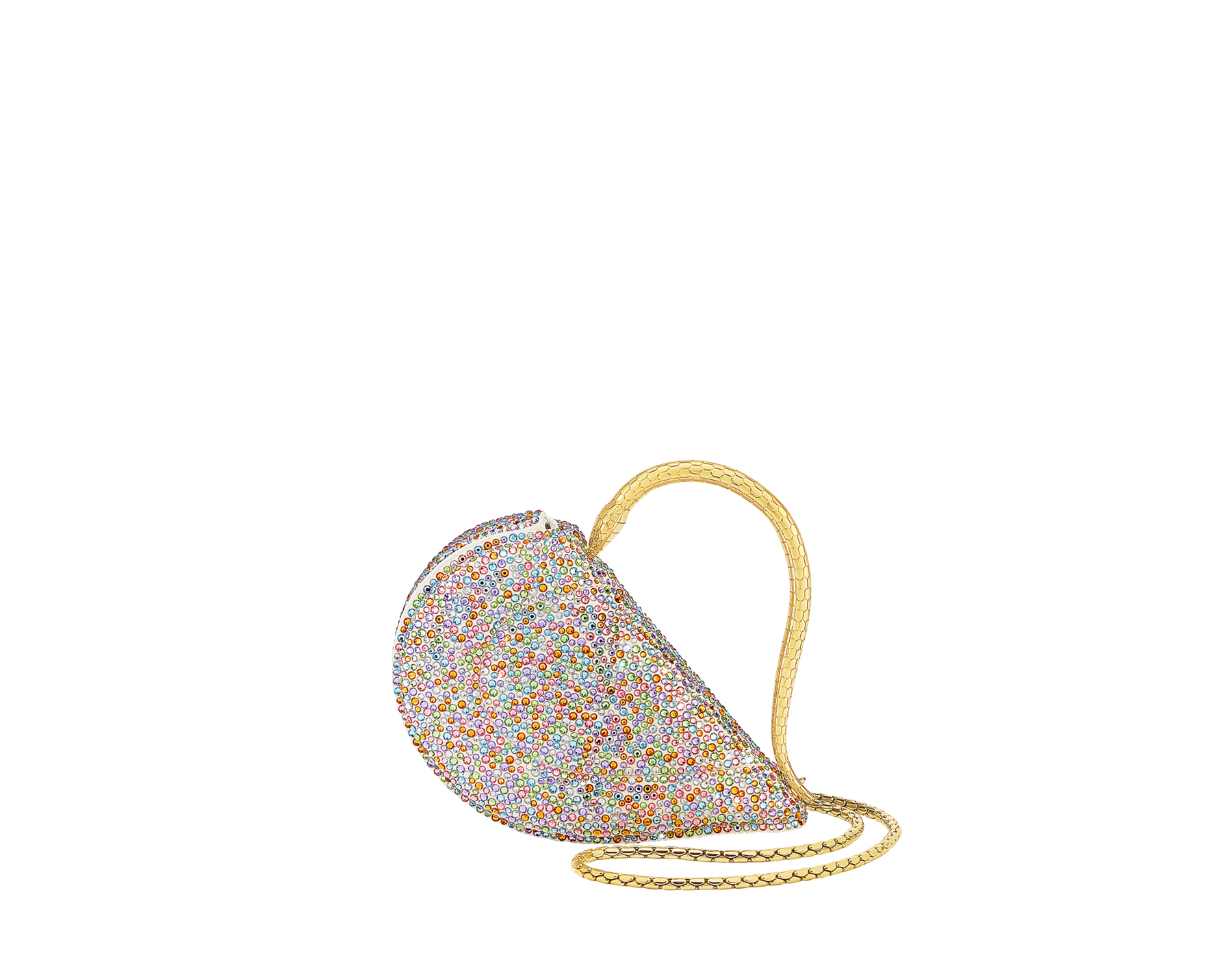 Serpenti Cuoricino 迷你手提包，採用麂皮材質，其上飾以金色 Neige 密鑲水晶，內裡為亮麗石灰華色納帕軟面皮。迷人的金色黃銅蛇身提把飾以蛇鱗鐫紋，按扣開合。 SRN-001-1366XS-CRYS image 1