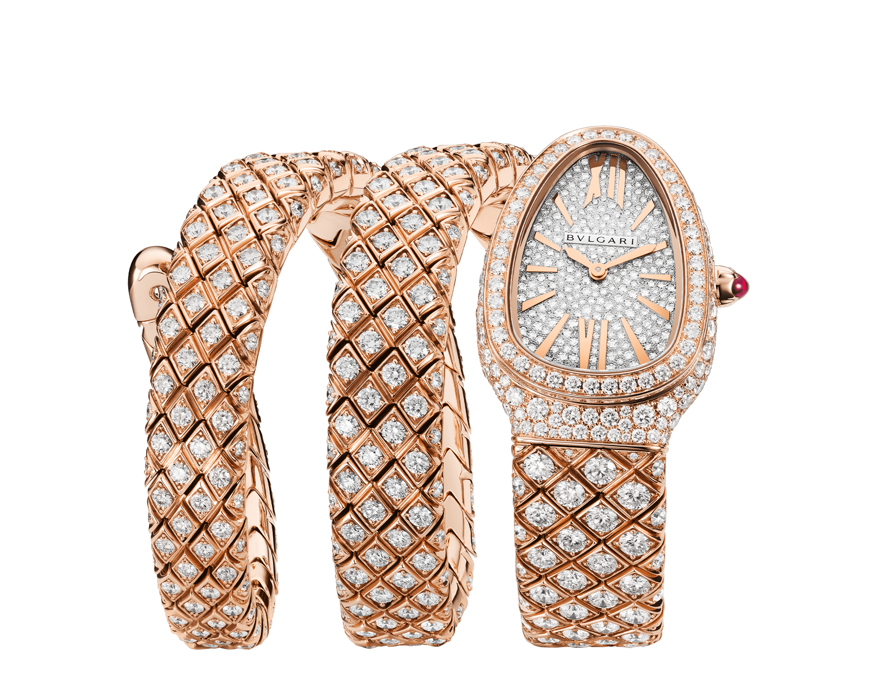 Serpenti Spiga High Jewellery watch featuring a 18 kt rose gold case, a pavé-set diamond dial, and a double spiral bracelet both set with diamonds. Water-resistant up to 30 metres 103616 image 1