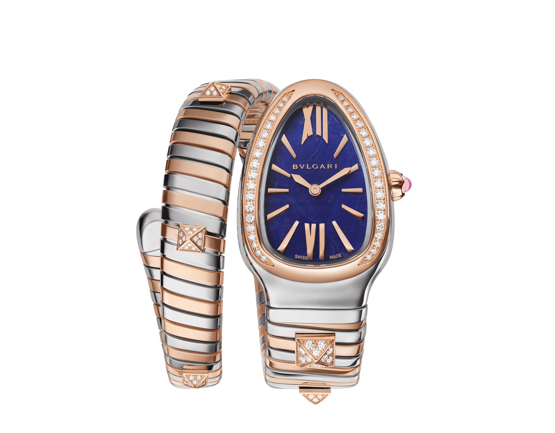 Serpenti Tubogas Studs Capsule 單螺旋腕錶，採用 18K 玫瑰金與精鋼，搭配鑲鑽錶圈，錶帶飾以18K 玫瑰金鉚釘，其上鑲飾密鑲鑽石，方納石錶盤。防水深度 30 公尺。限量版腕錶。 Serpenti-Tubogas-Capsule-Blue image 1