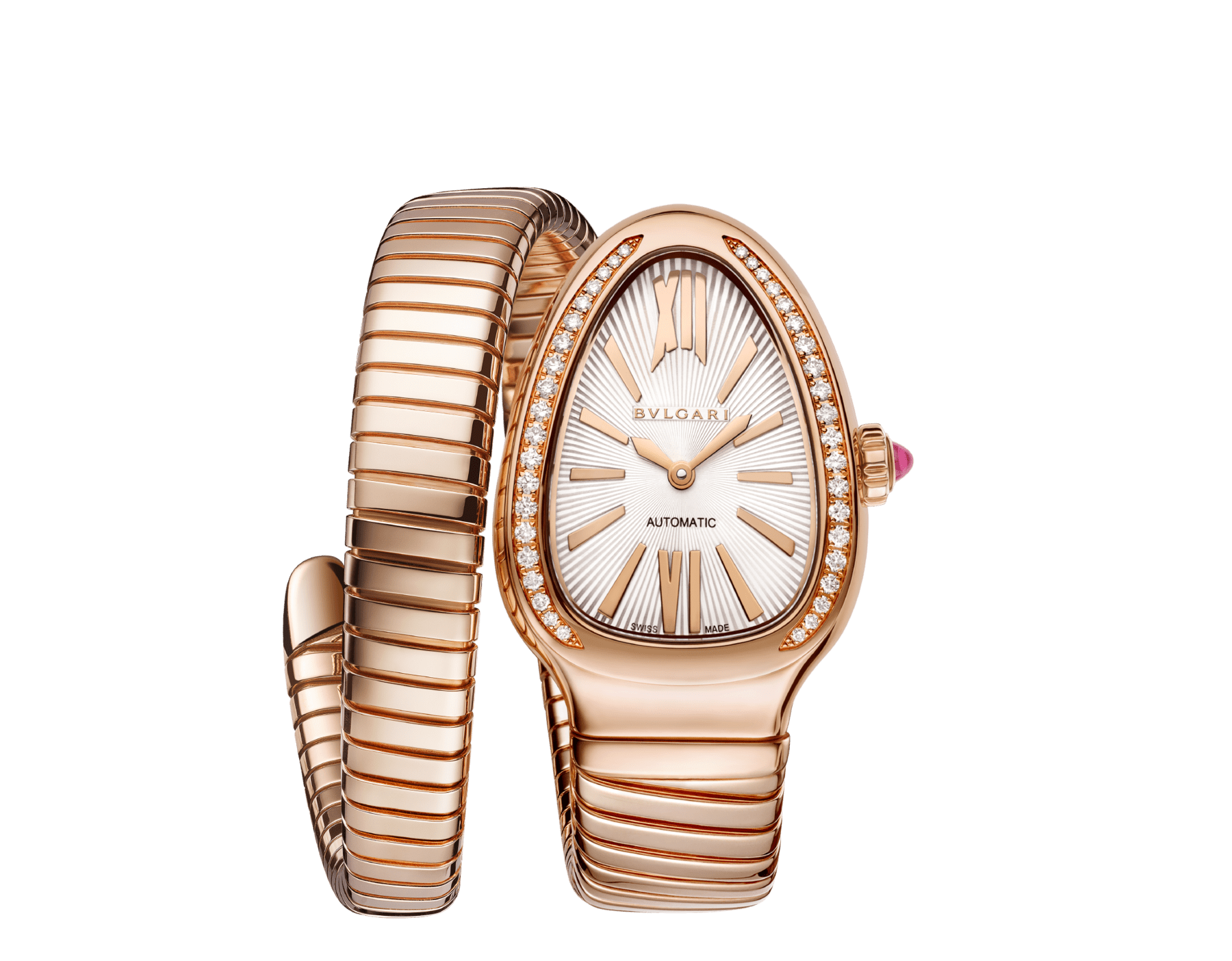 Orologio automatico Serpenti Tubogas in oro rosa 18 kt con lunetta con diamanti, quadrante opalino bianco con finiture soleil e bracciale a spirale. Impermeabile fino a 30 metri. 103903 image 1