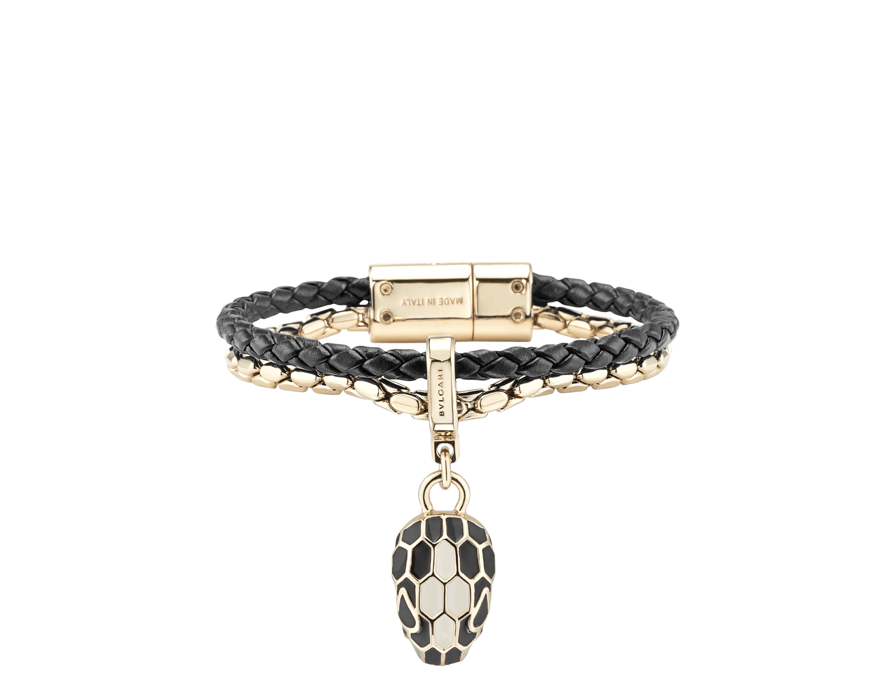 Bracciale Serpenti Forever in vitello intrecciato nero con catena in ottone placcato oro chiaro e chiusura magnetica a scatto. Accattivante ciondolo Serpenti con squame in smalto nero e bianco agata e occhi in smalto nero. SerpBraidChain-WCL-B image 1