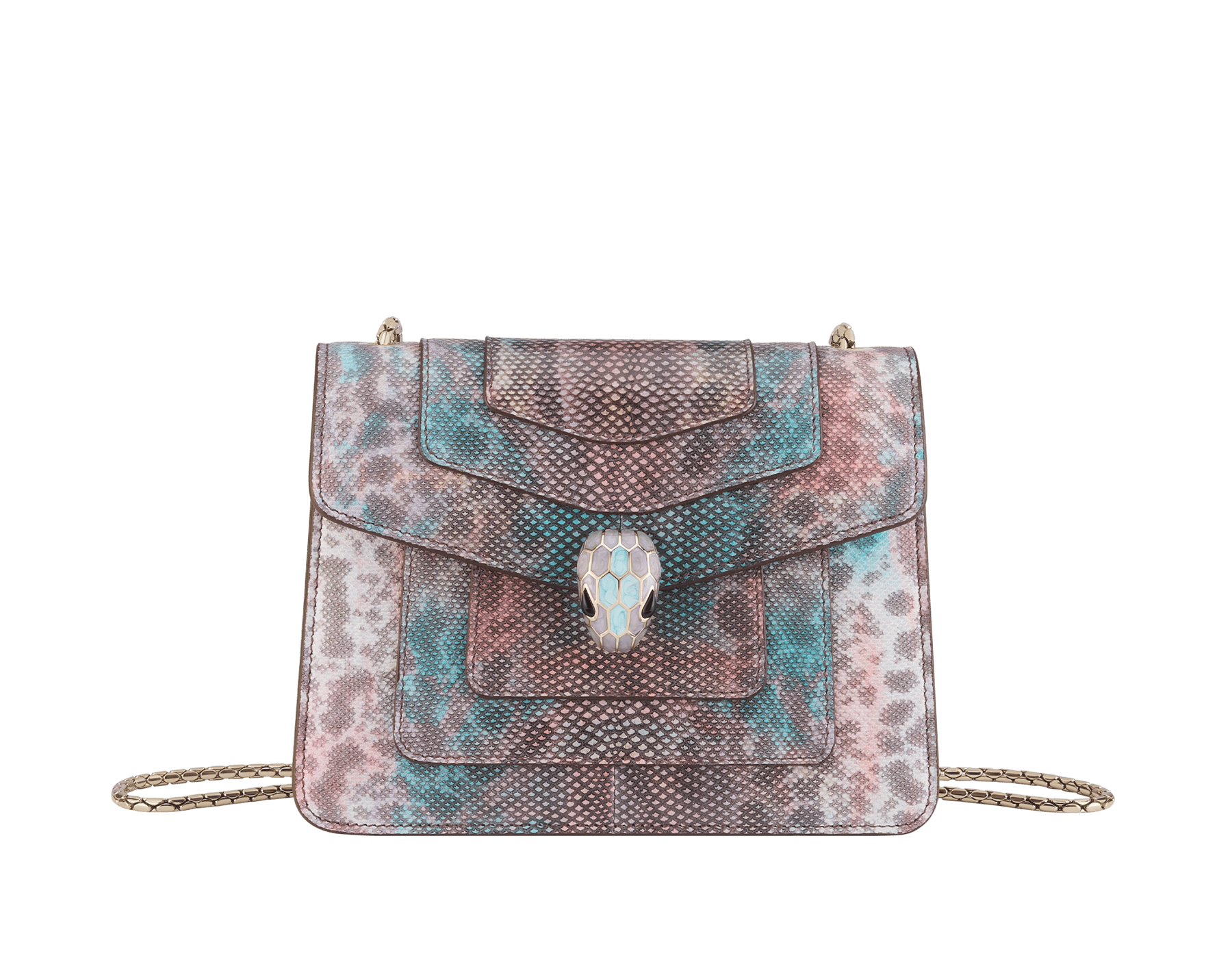 Serpenti Forever small crossbody bag in multicolored Sugarplum karung skin with watercolor opal light blue nappa leather lining. Captivating magnetic snakehead closure in light gold-plated brass embellished with purple and green enamel scales, and black onyx eyes. 292894 image 1