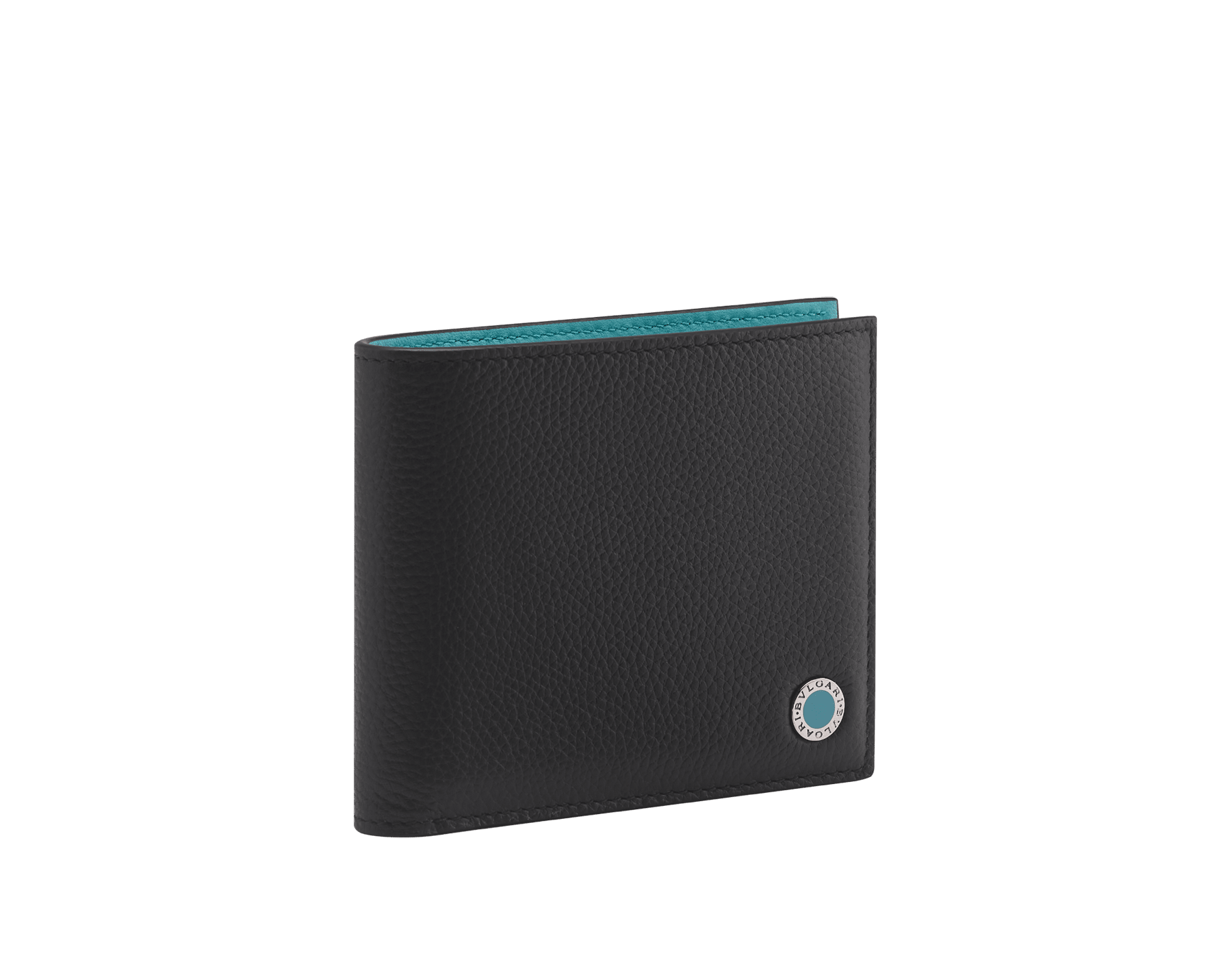 BULGARI BULGARI Man hipster compact wallet in soft, denim sapphire blue full-grain calf leather with tropical turquoise light blue nappa leather interior. Iconic palladium plated-brass embellishment with tropical turquoise light blue enamel, and folded closure. BBM-WLT-HIPST-8C-SFGCL image 1