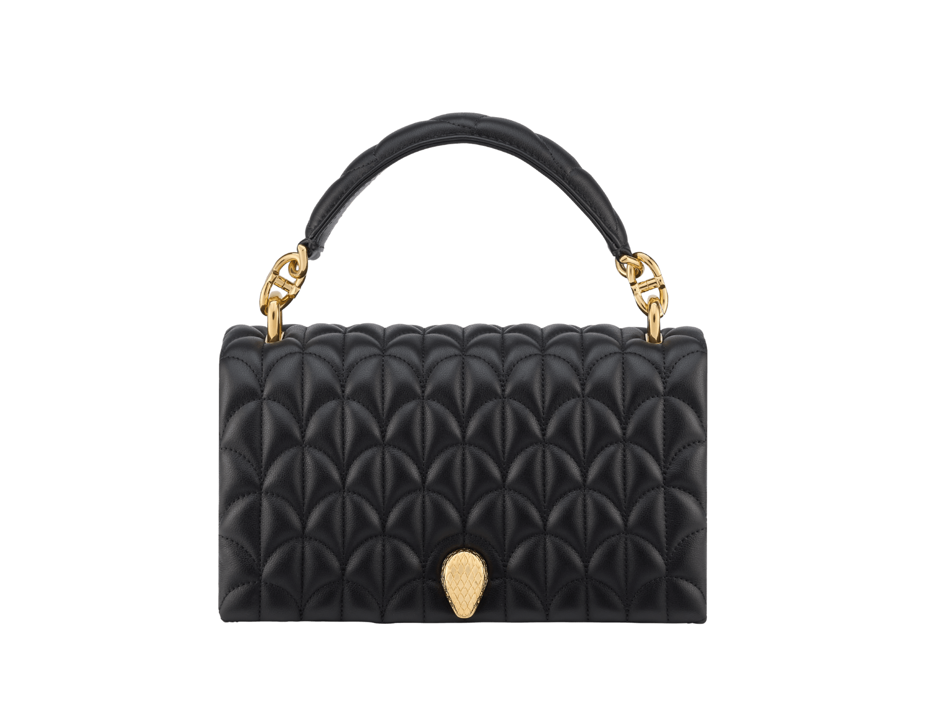 Serpenti Sugarloaf shoulder bag in black calf leather with a distinctive Calla Matelassé motif and black nappa leather lining. Captivating snakehead magnetic closure in gold-plated brass embellished with red enamel eyes. SCB-001-1295S-CALF image 1
